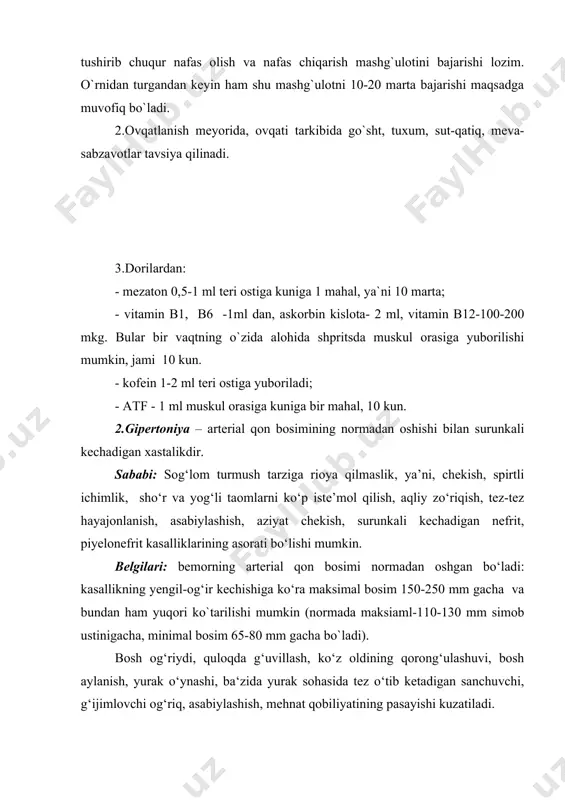 iga 2-3 mahal, enalopril yoki atenalol-0,5-1 tabletka kuniga 2 mahal; - arterial qon bosimining ko‘tarilishi juda yuqori bo‘lsa konkor-1/2-1 tab. 1 mahal ertalab, lozam 1 tab. 1 mahal yoki teveten-1 tab. 2 mahal, magneziy sulfat 25 %-5 ml novokain -2 ml muskul orasiga. 5. gipertoniya kasalligi yillar davomida surunkali kechadi. shuning uchun bemor poliklinikaning kardiolog shifokori nazoratida muntazam davolanishi kerak. 3.gipertonik kriz – gipertoniya kasalligi bo‘lgan bemorda arterial qon bosimining to‘satdan juda baland ko‘tarilishi tufayli yuzaga keladigan og‘ir kasallik holatidir. sababi: gipertoniya kasalligi bo‘lgan bemorning o‘ta hayajonlanishi, qayg‘urishi, ruhiy-jismoniy zo‘riqishi, yuqori kaloriyali taomlarni iste’mol qilishi (qovurilgan go‘sht, tandir go‘sht, qovurilgan baliq, tuxum kabilar), spirtli ichimlik iste’mol qilishi, ob-havo o`zgarishlariga organizmning sezuvchanligini oshganligi. belgilari: bemorda to‘satdan kuchli bosh og‘rig‘i, bosh aylanishi, ko‘z oldida qorong‘ulik, quloqda shovqin, ko‘ngil aynish, qusish holati paydo bo‘ladi, ba‘zida yurak sanchadi, g‘ijimlaydi, yuzlari, bo`yni, ko`kragida qizil dog`lar paydo bo`ladi. arterial qon bosimi maksimal 180-200, minimal 110-160 mm.gacha …