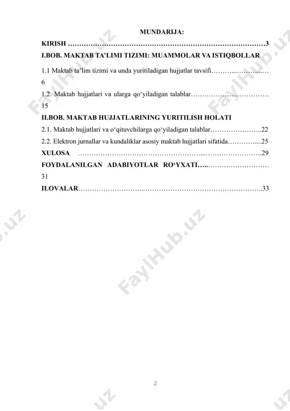 g.a. pedagogik mahorat. - t.: nizomiy nomli tdpu, 2005,- 149 b. ] kurs ishining nazariy asoslari: ma’lumki har bir tadqiqot uchun tanlangan mavzu bo‘yicha olib boriladigan ishlarda uning maqsadi, vazifasi, dolzarbligini nazariy jihatdan asoslab o‘tishni taqazo qiladi. shu talabni hisobga olib, bizning izlanishimiz ham ilmiy nazariy jihatdan o‘zining tayanch manbalariga ega bo‘lgan holda yuritiladi. kurs ishining maqsadi: 2024-2025-o‘quv yilidan boshlab barcha umumiy o‘rta ta’lim maktablarida o‘quv-pedagogik hujjatlar elektron shaklda yuritilishi bo‘yicha maktabgacha va maktab ta’limi vaziri buyrug’i qabul qilindi. unga ko‘ra quyidagi o‘quv-pedagogik hujjatlar elektron tarzda yuritiladi: maktab hujjatlarining to‘g‘ri yuritilishi va saqlanishi bo‘yicha javobgarlik maktab direktori zimmasiga yuklatiladi. shuningdek, direktorning buyrug‘i bilan maktab hujjatlarini bevosita yuritish uchun mas’ul shaxslar tayinlanadi. maktab direktori o‘zgarganda dalolatnoma asosida maktab hujjatlari yangi tayinlangan direktor (yoki vaqtincha vazifasini bajaruvchi)ga topshiriladi. maktab faoliyati tugatilganda yoki qayta tashkil etilganda maktab hujjatlari tegishli davlat arxiviga yoki muassasaning huquqiy vorisiga dalolatnoma asosida topshiriladi. kurs ishining obyekti: pedagogik kengash …