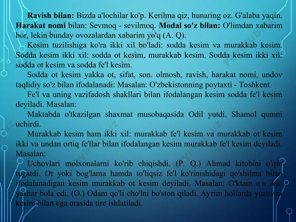 . (tele eshittirishdan.) otlashgan sifat bilan. yaxshining yaxshiligini ayt nuri toshsin, yomonning yomonligini ayt quti qochsin. (maqol). otlashgan sifatdosh bilan. maqtanganning to'yiga, kerilganning uyiga borma. (maqol.) izohlovchi. shaxs yoki predmetni boshqacha nom berish yo'li bilan aniqlaydigan aniqlovchining bir turi izohlovchi deyiladi. izohlovchi, odatda, ot bilan ifodalanib, quyidagi ma'nolami bildiradi. 1. unvonni: akademik shoabdurahmonov atoqli o'zbektilshunosidir. zobit aslonov mashg'ulotlarni katta mahorat bilano'tkazadi. 2. mashg'ulot kasb, mutaxassislikni: shoir usmon azim tog'liboysunda tug'ilgan. o'qituvchi rahim ahmedov matematikadandars bergan. 3. amalni: yo'lboshchi g'ayrat akam g'oyat ajoyib ekan.(m.a.) hisobchi marat aka qishloqqa keldi. 4. laqabni: xurshida bonuni yangi libosda ko'rib yana boyagidaybir daqiqa tikilib qoldi. (o. yo.) toshpo'lat tajang nima deydi. 5. qarindoshlikni yoki shunga o'xshatilgan munosabatni:sochlari oqargan bu professor, ernazar akaga qarab qarsak chalibyubordi. (i. r.) 6. taxallusini: muso toshmuhammad o'g'li oybek o'zbekadabiyotiga katta hissa qo'shdi. muhammad aminxo'ja muqimiyo'zbek mumtoz adabiyotining yirik vakilidir. 7. o'xshash belgi mustaqillik so'zi naqadar laziz (u.) bizgaerk berdi mustaqillik …