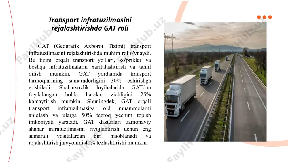 zatish, transport oqimlarini tahlil qilish va optimallashtirishda foydalaniladi. masalan, arcgis va qgis kabi dasturlar transport yo‘llarining samaradorligini oshirish uchun geodatasetlar yaratishga yordam beradi. transport yo‘llarining holati va yuklanishini o‘rganish orqali 20-30% transport vaqtini tejash mumkin. bundan tashqari, 10-15% yoqilg‘i sarfini kamaytirish orqali ekologik ta'sir ham pasayadi. gis tizimlari uzluksiz va samarali transport tizimini yaratishda innovatsion echimlar taklif etadi, bu esa umumiy yo‘l infratuzilmasining rivojlanishiga xizmat qiladi. ... t.me/slaydai_bot gat (geografik axborot tizimi) texnologiyasi transport vositalarining harakatini samarali kuzatishda muhim rol o‘ynaydi. ular real vaqt rejimida transport vositalarining joylashuvi, yo‘nalishlari va tezligini tahlil qiladi. bu vazifani amalga oshirishda gat texnologiyalari sun'iy yo'ldosh, gps va turli sensorlardan foydalanadi. masalan, tashkent shahrida gat orqali jamoat transportining harakati kuzatilsada, bu tizim qariyb 500 avtobus va 200 trolleybus ma'lumotlarini boshqarishda qo'llaniladi. bu tizim orqali yo‘lovchilarga avtobuslar qayerdaligini aniqlash imkoni yaratilgan. shu orqali transport xizmatlari samaradorligi va yo‘lovchilar mulohazalari yaxshilanadi. ... t.me/slaydai_bot yo‘l-yo‘riq marshrutlarini belgilashda geografik …
