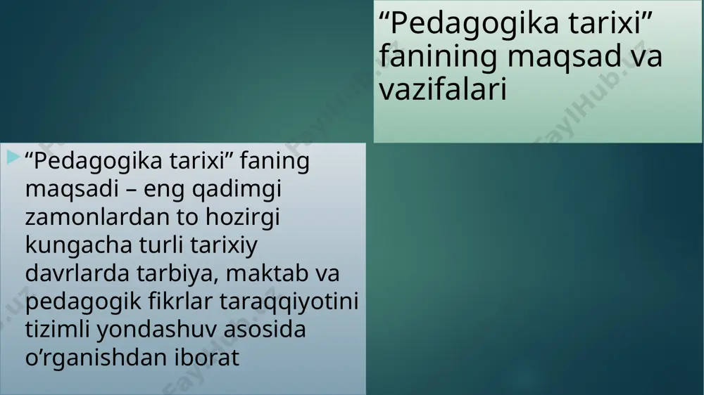 rivojlana boshlagan . pedagoka tarixini o’rganish manbalari: 1) arxeologik yodgorliklar; 2) qo’lyozmalar; 3) xalq og’zaki ijodi; 4) adabiy yodgorliklar; 5) hujjatlar; 6) badiiy adabiyot; 7) memuarlar; 8) sharq va g’arb mutafakkirlarining asarlari e’tiboringiz uchun raxmat image6.png image7.png image8.png image9.png image2.png image3.png image4.png image5.png /docprops/thumbnail.jpeg