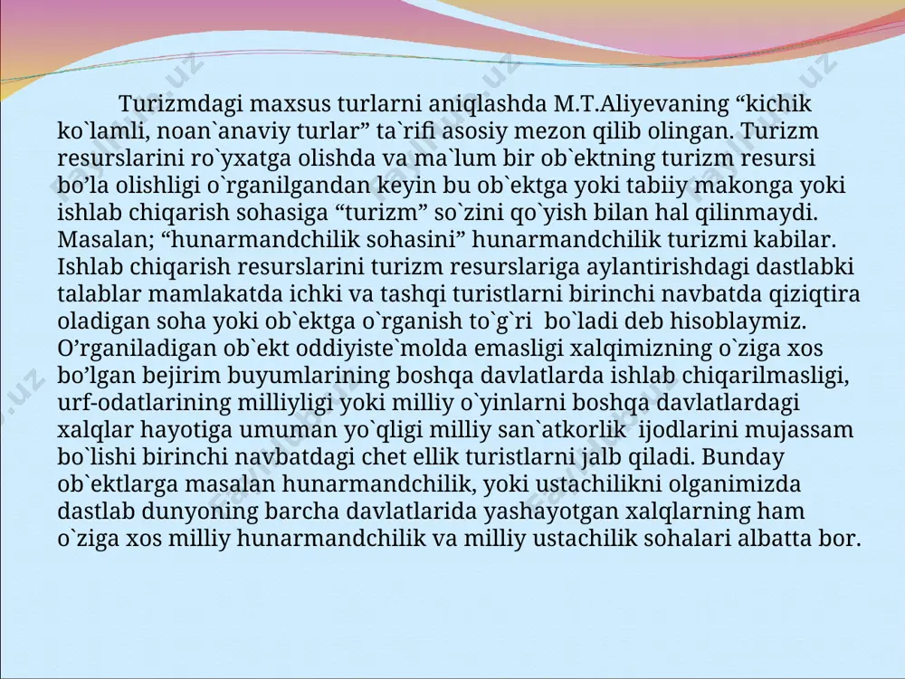 , xalqaro turizmda esa qo`shimcha tur manbalarisifatida (turistga taklif qilish, bo`sh vaqtini mazmunli o`tkazish, suratga yoki videoga olish va hokazolar) foydalanish mumkin. biz ishlab chiqarishdagi milliy hunarmandchilik yoki ustachilik sohalari buyumlarining noyobligi go`zal bejirimligi, mustahkamligi bu buyumlarni san`atkorlikning, kishilarni haytratga soladigan ijod namunalarining ko’pligidan, boshqa davlatlarni xuddi shunday buyumlar mahsulotlaridan ancha ustunligiga e`tibor berishimiz lozim bo’ladi. masalan kashtachilikdagi ikki yo`nalishning oddiy kashtachilik va zardo`zli kashtachilikning boshqa davlatlarda yashayotgan xalqlarning kashtachiligidan keladigan ustunligi shundan iboratki, so’ngi vaqtlarda o`zbekistonda kelib ketadigan davlat rahbarlari bosh vazirlar, mashhur adiblarga halqaro miqyosdagi taniqli rahbarlar, sport va san`at yulduzlariga maxsus marosimlarga zardo`zli to`n va do`ppi kiydirilmoqda. ikkala buyum ham faqat o`zbekistonliklar uchun milliy buyum xillari hisoblanadi.e`tibor qilsak qozoq, qirg’iz, turkmanistonliklarning ham to’nlari, do`ppilari, o`zlarining milliyligini ko`rsatib turadi. n 2010 yilda mamlakatimizga 1,3 milliondan ortiq kishi tashrif buyurgan, ularning 431,5 ming nafari tashrifdan ko‘zlangan maqsad – sayyohlik ekanini qayd etgan. bu ham jahon hamjamiyatining o‘zbekistonga bo‘lgan qiziqishi …