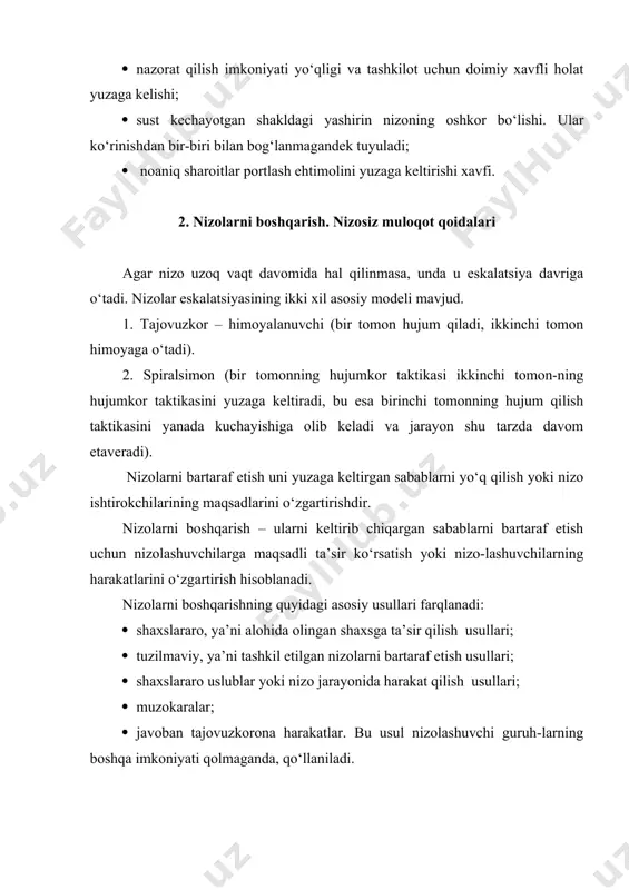 t-da...”, ”mening stolim ustida narsalar sochilib yotgan vaqtda...”, “meni boshliq chaqirgani haqida menga aytmaganda...”. individning munosabati. nima uchun tevarak-atrofdagilarning xatti-harakatlari asabingizga tegishini sezdirsangiz ular sizni yaxshiroq tushunadi. siz boshqalarga hurmat bilan muomalada bo‘lsangiz ularning sizga bo‘lgan munosabat ham ijobiy tomonga o‘zgaradi. “men sizdan xafaman ...”, “siz meni tushunmayapsiz deb hisoblayman ...”, “barcha narsalarni o‘zim bajarishga kirishaman...” kabi iboralar kishiga ijobiy ta’sir qiladi. voqelikning ma’qul bo‘lgan yakuni. individ nizoning yakuni haqida o‘z fikrini aytishi uchun unga bir necha variantni taklif qilgan ma’qul. tuzilmaviy usullar. bularga asosan, vakolatlarni noto‘g‘ri taqsim-lash, ishni noto‘g‘ri olib borish, rag‘batlantirish tizimini xatosi tufayli yuzaga kelgan tashkiliy nizolarga ta’sir etuvchi uslublar kiradi. bunday uslublar ishga nisbatan bo‘lgan talablarni tushuntirish, koordinatsion va integratsion mexanizmlar, umumtashkiliy maqsadlar, taqdirlash tizimini ishlatish kabilardan iborat. ishga nisbatan bo‘ladigan talablarni tushuntirish nizolarni bosh-qarish va ularning oldini olishning eng samarali uslublaridan biridir. har bir mutaxassis o‘zidan nima talab qilinishini, burchi, majburiyati, mas’uliyati, vakolatining chegarasi, ish …