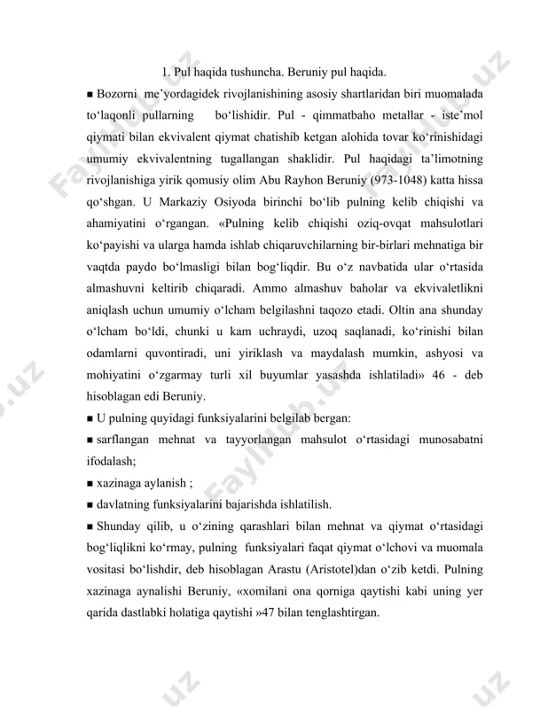 armandchilikni rivojlanishidagi ahamiyatini yusuf xos xojib ham ta’kidlab o‘tgan. xonga murojaat qilib u: «pulda kumushni ko‘paytir, pulda oltin va kumush sofligini oshir va uni kuzatib tur»-deb yozgan. bu bilan u xonni muomalada to‘laqonli pullar bo‘lishini ta’minlashga, mamlakatda pul muomalasini to‘g‘ri tashkil etishga chaqirgan. beruniydan farqli o‘laroq, yusuf xos xojib pulning quyidagi funksiyalarini belgilab bergan: · qiymat o‘lchovi; · muomala vositasi; · jamg‘arish vositasi. uning fikricha, davlatning qudrati faqat qo‘shin soni bilan emas, balki xazina imkoniyatlari bilan belgilanadi. 2. ibn xaldunning pul va pul nazariyasi haqidagi ta’limoti. pul haqidagi ta’limotni rivojlanishiga ibn xaldun salmoqli hissa qo‘shgan. u faqat pulning mohiyati, funksiyalarini emas, balki pul muomalasiga doir masalalarni ham chuqur o‘rgangan. yuqorida biz sharq mutafakkirlarining odam o‘zini yashash vositalari bilan ta’minlash uchun mehnat qilishi lozim degan aqidalarni keltirgan edik. ibn xaldun ana shu mehnat mahsulini vazifasiga ko‘ra ikki qismga bo‘ladi: «mehnat daromadlari, agar ularning hajmi yashash uchun zarur harajatlardan ortiq bo‘lmasa, inson …