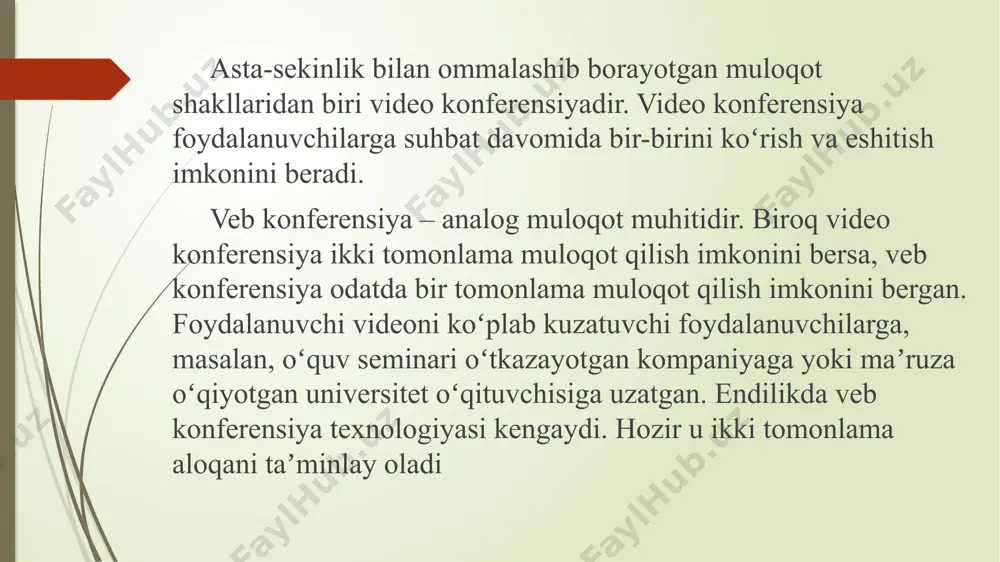 barcha ishtirokchilar barqaror va mos internetga ulanganliklariga ishonch hosil qilishlari kerak. har bir ishtirokchi mikrofoni ovozini yetarli balandlikda uzatayotganiga ishonch hosil qilishi zarur. aksariyat video konferensiya dasturlarida mikrofon toʻgʻri ishlayotganini tekshirib koʻrish mumkin. foydalanuvchi oʻz ovozini yozib olib, eshitib koʻra oladi. har bir ishtirokchi oʻz veb kamerasini toʻgʻri joylashtirgani, u xavfsiz va himoyalangan holda oʻrnatilganiga ishonch hosil qilishi zarur. qatnashchilar oʻz tasvirlari tizimga uzatilayotgani va boshqa ishtirokchilar uni aniq koʻrayotganini tekshirishlari kerak. veb konferensiya qanday oʻrnatiladi? veb konferensiyani sozlash jarayoni video konferensiyani sozlashga oʻxshab ketadi. veb konferensiya uchun dasturiy taʼminotdan foydalanish mumkin, biroq koʻpincha video konferensiya uchun qoʻllanadigan dasturiy taʼminot veb konferensiya oʻrnatish uchun ham ishlatilishi mumkin. veb konferensiyani boshlashdan oldin foydalanuvchi kerakli kishilarga konferensiyani oʻtkazish vaqti va sanasini koʻrsatgan holda taklif yuboradi. taklif koʻpincha konferensiyaga kirishga imkon beruvchi kirish kodini, shuningdek, konferensiyaga kiriladigan tarmoq manzili koʻrsatilgan havolani oʻz ichiga oladi. kirish kodlaridan foydalanish begona foydalanuvchilar ishtirokining oldini olishga yordam …