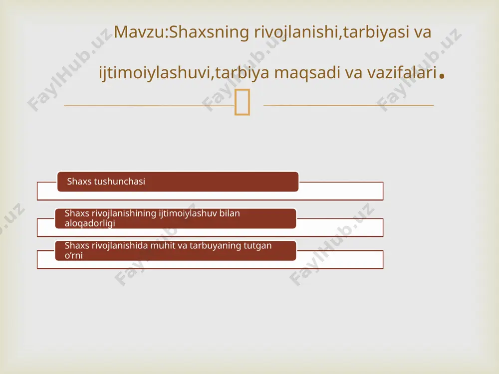 yatlari va sifatlari,bilan boshqalaridan farq qilishi kerak.  odamning shaxs sifatida shakllanishi odamning ijtimoiy mavjudot sifatida shaxsga aylanishi uchun ijtimoiy muhit sharoitlari va tarbiya kerak bo’ladi.ana shular ta’sirida odam inson sifatida rivojlanib boradi va shaxsga aylanadi.  faoliyat faoliyat shaxs tomonidan tabiiy va ijtimoiy hayotni maqsadga muvofiq tashkil etilishini kundalik,ijtimoiy yoki kasbiy harakatlarning muayyan shakli yoki ko’rinishi.  e’tiboringiz uchun raxmat!  image3.png /docprops/thumbnail.jpeg