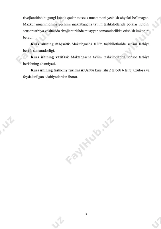 acha yoshdagi bolalar sensor tarbiyasini kechiktirmasdan olib borishni taqazo qiladi. maktabgacha yoshdagi bolalarni tarbiyalashda hamda ularda “tuyg’u, sezgi, idrok , sezish ” kabi qobilyatlarni shakllantirishda sensor tarbiya muhim o’rin tutadi. sensor tarbiya bu - sezgi va idrokni biror maqsad asosida rivojlantirishdir. sensor so’zi lotincha so’zdan olingan bo’lib, “sensus” – “tuyg’u”, “sezgi”, “idrok” ma’nolarini bildiradi. demak borliqni his qilish sezish va idrokdan boshlanadi. shuni ta’kidlash joizki maktabgacha yosh davri sensor jarayonlarni rivojlanish davri sanaladi. shuning uchun bu davrda sensor tarbiya muhim o’rin tutadi. sensor tarbiya bolalarda hissiy bilish qobilyatlarini shakllantirishga va sezgi –idrokni takomillashtirishga qaratilgan pedagogik jarayondir. sensor tarbiya bilan ish olib borishda ko’proq pedagoglar hamda ruxshunoslar tinimsiz murojaat qiladilar. sensor tarbiyani o’rganish hamda rivojlantirishga ko’pgina pedagoglar frebil, m.montesseri, o.dekroli va boshqalar tomonidan yaratilgan ishlari bolalarning qo’ldagi mayda muskullarini rivojlantirishga, rang va uning turlari, turli shakl hamda hajmni yuqori darajada farq qilishga erishishlarini o’z oldiga maqsad qilib qo’ydi. ayniqsa montessorining “sensor” …