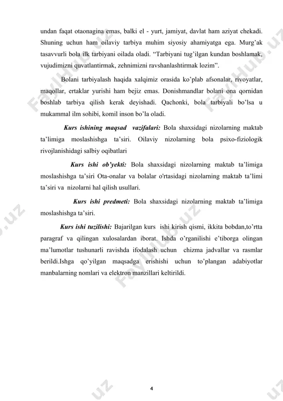 aro ma'naviy va hissiy yordam kiradi. ijtimoiy munosabatlar oiladagi rollarni taqsimlash, moddiy qaramlikni, shuningdek, maqom munosabatlarini: hokimiyat, rahbarlik, bo'ysunish va boshqalarni o'z ichiga oladi. madaniy munosabatlar bu oila ichidagi aloqalar va munosabatlarning o'ziga xos turi bo'lib, u erda shakllangan an'analar, urf-odatlar bilan bog'liq. bu oila paydo bo'lgan va mavjud bo'lgan o'ziga xos madaniyat. ushbu murakkab munosabatlar tizimi bolalarning oilaviy tarbiyasiga ta'sir qiladi. har bir turdagi munosabatlar doirasida ham kelishuv, ham kelishmovchilik bo'lishi mumkin, bu esa ta'limga ijobiy yoki salbiy ta'sir qiladi. farzand va ota-ona mojarolari hozirgi zamonda eng keng tarqalgan mojaro toifalaridan biridir. ushbu turdagi nizolar hatto farovon oilalarda ham mavjud bo'lib, bolalar va ota-onalar o'rtasidagi munosabatlardagi ziddiyatdir. ota-onalar har bir yosh davrida bolalar muayyan nizolarga moyilligini bilishlari kerak. avvalo, bu to'liq bo'lmagan oilada yoki ota-onalar o'rtasidagi normal munosabatlarda tarbiyalangan bolalarga tegishli. barcha oila a'zolarining manfaatlarini e'tiborsiz qoldiradigan otaning despotizmi, ota-onalarning bir-biriga ma'naviy iliqligi yoki dushmanligi bolalarda nevrozlarning rivojlanishi uchun …
