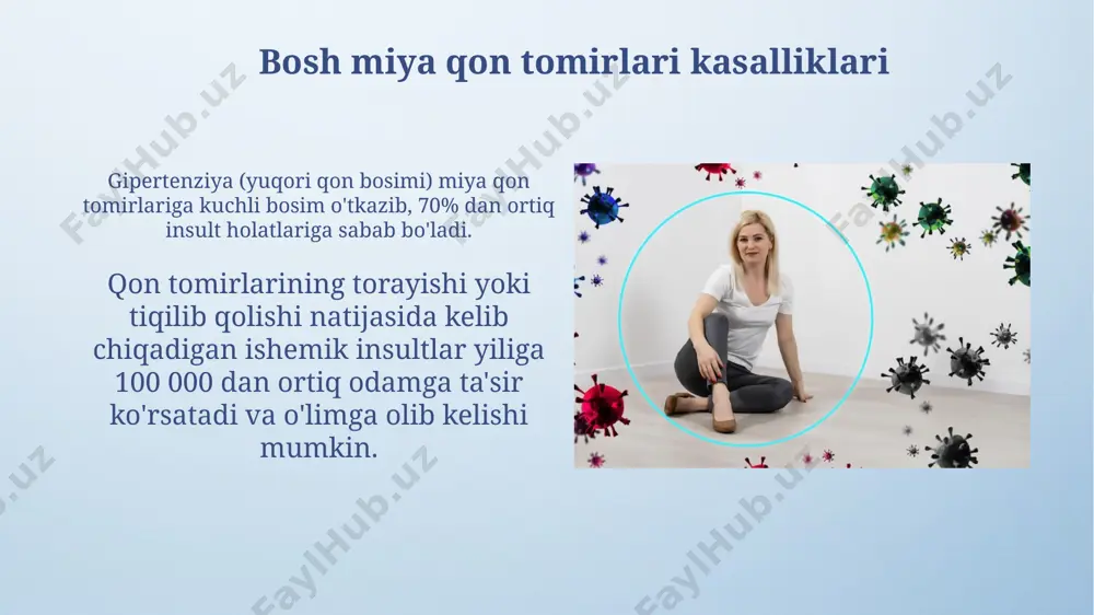 on tomir kasalliklari va diabet xavfini sezilarli darajada kamaytirishga yordam beradi. meva-sabzavotlarni iste'mol qilishni kuniga kamida 5 porsiyaga oshirish va qizil go'sht iste'molini cheklash orqali saraton kasalligi xavfini 20-30% ga kamaytirish mumkin. jigar kasalliklari jigar sirrozi holatlarining 70% dan ortig'i surunkali b va s gepatitlari bilan bog'liq bo'lib, yillik o'lim ko'rsatkichlari yuqori. jigar yog'lanishi, metabolik sindromning asosiy belgilaridan biri bo'lib, qon bosimining 30% ga oshishi va 2-toifa diabet xavfini oshiradi. diabet diabetning 2 turi mavjud: 1-turdagi diabet (insulin ishlab chiqarishning etishmasligi) va 2-turdagi diabet (insulinning samarasizligi). 2-turdagi diabet kattalar orasida ancha keng tarqalgan. qondagi glyukoza darajasini nazorat qilish uchun diabet kasalligini davolashda parhez, jismoniy mashqlar va dorilar, jumladan, insulin in'ektsiyalari muhim rol o'ynaydi. giperglikemiya asoratlar xavfini sezilarli darajada oshiradi. e'tiboringiz uchun rahmat @taqdimot_robot image4.png image5.jpg image6.jpg image7.jpg image8.jpg image9.jpg image10.jpg image11.jpg image12.jpg image13.jpg image14.jpg image15.jpg image16.jpg image3.jpeg