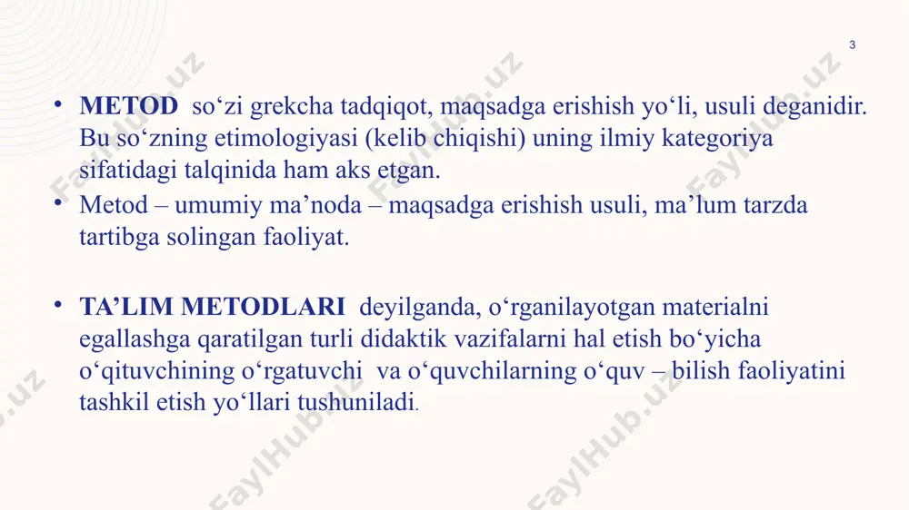 hkamlash va nazorat qilish metodlari 8 ta’limning binar metodlari o‘rgatish metodlari o‘rganish metodlari axboriy – ma’lumotli ijro etish (bajarish) tushuntirish reproduktiv ko‘rgazmali – amaliy ijodiy – amaliy tushuntirish – undovchi qisman izlanishli undovchi izlanishli 9 yaxlit yondashuv bo‘yicha ta’lim metodlari tasnifi o‘quv – bilish faoliyatini tashkil etish va amalga oshirish metodlari o‘quv – bilish faoliyatini motivatsiyalash va rag‘batlantirish metodlari o‘quv – bilish faoliyatini nazorat va o‘z–o‘zini nazorat qilish metodlari 10 o‘rganilayotganlarini o‘zlashtirishga da’vat qilish metodlari yangi materialni anglash metodlari o‘rganilganlarini fikrlashga imkon beruvchi metodlar erkin yozish. klaster. aqliy hujum. b – b – b chizmasi. chalkashtirilgan mantiqiy zanjirlar ketma – ketligi. semantik xususiyatlar tahlili. b–b–b chizmasi. o‘qitish bo‘yicha qo‘llanma. bir-biriga o‘rgatish. bir-biridan so‘rash. ikki qismli kundaliklar. eng asosiy tushunchalar takrorlash. t–chizma. konseptual jadval. venn diagrammasi. nilufar guli. besh minutlik esse. o‘n minutlik esse. 11 interfaol metodlar ta’lim vositalari – o‘quv materialini ko‘rgazmali taqdim etish va o‘qitish samaradorligini oshiruvchi yordamchi materiallar …