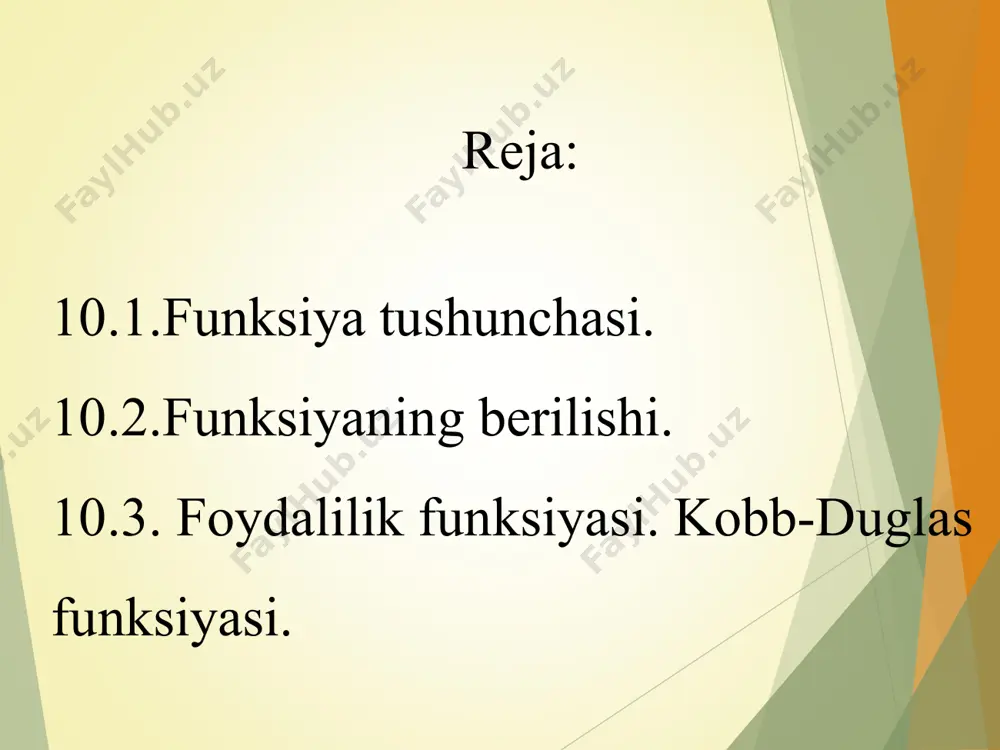 eng asosiy tushunchalaridan biri bo‘lib, uning yordamida tabiat va jamiyatdagi ko‘p jarayon va hodisalar modellashtiriladi. matematik tahlilda elementlari haqiqiy sonlardan iborat, bo‘lgan to‘plamlarni qaraymiz. x va y lar haqiqiy sonlar to‘plami bo‘lsin. xx to‘plamda, yy to‘plamda o‘zgarsin. ta’rif. xx har bir x ga biror qoida yoki qonun bo‘yicha yy dan bitta y mos qo‘yilsa, x to‘plamda funksiya berilgan (aniqlangan) deb ataladi va u )(xfy simvol bilan belgilanadi. ayrim hollarda xfy ham deb belgilanadiki, bunda kompyuterda oldin x qiymati olinib, keyin hisoblanadigan simvol olinadi. bunda x to‘plamga funksiyan ing aniqlanish sohasi, y to‘plamga o‘zgarish sohasi yoki qiymatlar to‘plami deyiladi. odatda funksiya aniqlanish sohasini d , qiymatlar to‘plamini e bilan belgilanadi. demak, har bir element xx ga bitta va faqat bitta yy moslik o‘rnatilgan bo‘lsa, bu moslikka x to‘plamda funksiya aniqlangan deyiladi. x ga erkli o‘zgaruvchi yoki argument, y ga esa erksiz o‘zgaruvchi yoki x ning funksiyasi deyiladi. shunday qilib, funksiya berilgan …