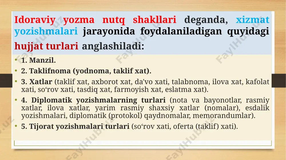 rg‘ilon, 8. pochta manzili, aloqa vazirligi yo‘riqnomasiga muvofiq, quyidagi ko‘rinishda bo‘ladi: viloyat, respublika ahamiyatidagi shaharlarga yuborilayotgan pochta jo‘natmalarida shartli raqam yozilgandan so‘ng, avvalo, shahar nomi, keyin xat-xabarni yetkazib beruvchi aloqa bo‘limi (raqami yoki nomi) ko‘rsatiladi. bulardan keyin ko‘cha nomi, uy va xonadon raqami va, nihoyat, oluvchining ismi, otaismi va familiyasi yoziladi (1-ilova). oluvchining nomini yozganda, ko‘pincha uning ismi va otaismining bosh harflarini ko‘rsatish kifoya: uning familiyasi esa jo‘nalish kelishigida («-ga» qo‘shimchasi bilan) yoziladi. xatjildning quyi qismida esa jo‘natuvchining manzili bosh kelishikda rasmiylashtiriladi. shuningdek, xatjildda ikkita oluvchining nomi ko‘rsatilish hollari ham bo‘ladi: biri bo‘lmasa, ikkinchisi olishi mumkin. 4 manzil yozish namunasi (1-ilova) qayerga samarqand shahri, 46 bog‘ishamol ko‘chasi, 41-uy kimga rahim islomovich aliyevga aloqa bo‘limi shartli raqami va jo‘natuvchi manzili 103046 (qabul qiluvchi aloqa bo‘limi) 100198 toshkent shahri, 5-qo‘yliq dahasi, 42-uy, 14-xonadon mahmud sobirovich karimov 5 tashkilotlarga yuboriladigan xatlarga manzil yozish 1 6 muayyan tashkilotlarga yuboriladigan xat-xabar ko‘rinishidagi hujjatlarga manzil yozishning …