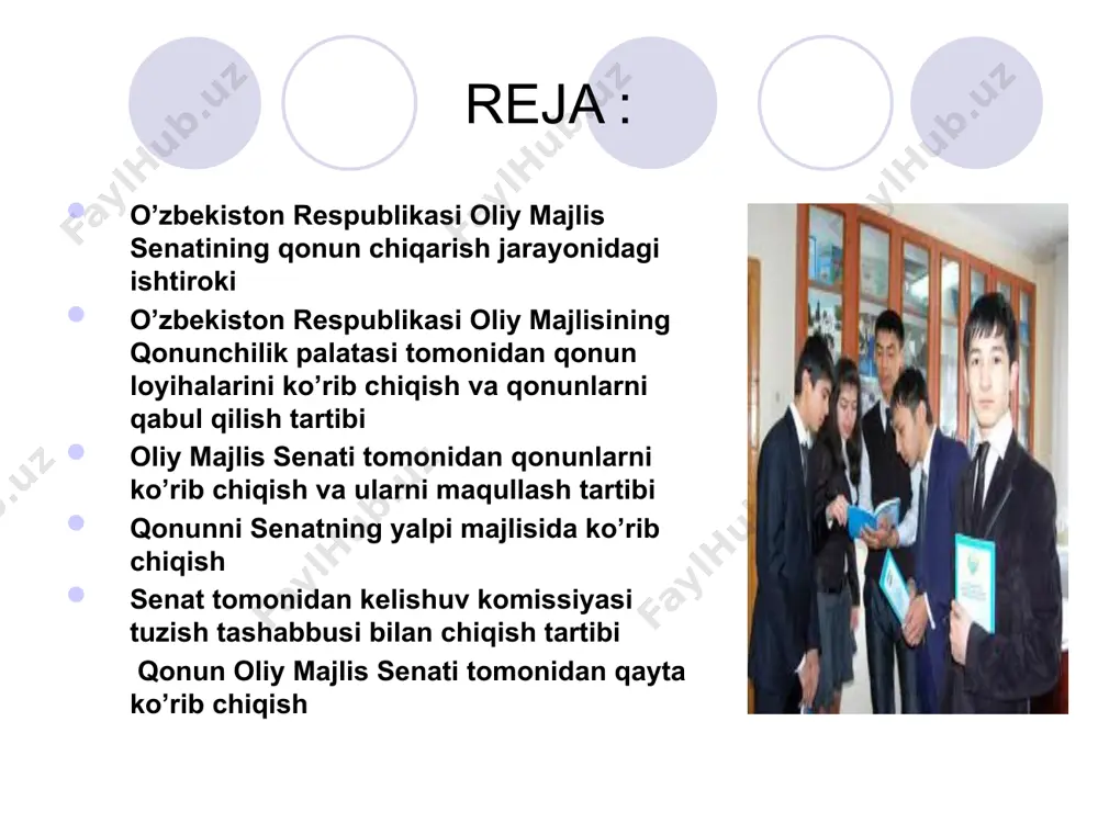 ri). boshqacha qilib aytganda, quyi palata deputatlari o’zbekistondagi siyosiy partiyalardan ko`rsatilgan nomzodlar va mustaqil nomzodlar orasidan 120 ta saylov okrugida fuqarolar tomonidan bevosita saylanadi ayni bir vaqtda fuqarolarning senatorlar saylovidagi ishtiroki bilvosita tarzda mahalliy vakillik hokimiyati organlari (qoraqalpolg`izton respublikasi jug`org`i kengesi, xalq deputatlari viloyat, tuman va shahar kengashlari) deputatlari tomonidan saylash orqali amalga oshiriladi. shuni ta’kidlash joizki, parlamentning quyi palatasiga 120 nafar deputatni saylash saylov okruglari bo’yicha ko’p partiyaviylik asosida, mahalliy vakillik organlari deputatlari saylovi bilan bir vaqtda o’tadi. o’zbekiston respublikasi oliy majlisining senati va qonunchilik palatasining birgalikdagi vakolatlari quyidagilardan iborat: o’zbekiston respublikasining konstitutsiyasini qabul qilish, unga o’zgartirish va qo’shimchalar kiritish; o’zbekiston respublikasining konstitutsiyaviy qonunlari hamda qonunlarini qabul qilish, ularga o’zgartirish va qo’shimchalar kiritish; o’zbekiston respublikasining referendumini o’tkazish to’g’risida va uni o’tkazish sanasini tayinlash haqida qaror qabul qilish; o’zbekiston respublikasi ichki va tashqi siyosatining asosiy yo’nalishlarini belgilash hamda davlat strategik dasurlarini qabul qilish; o’zbekiston respublikasining konstitutsiyasiga binoan o’zbekiston respublikasining qonun …