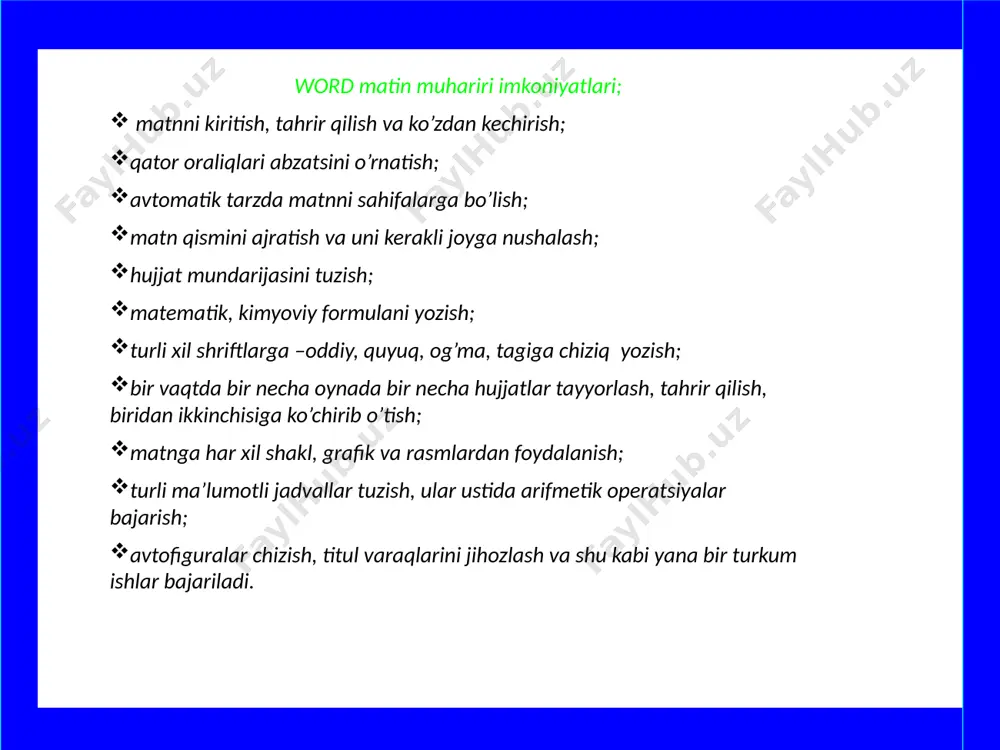 ilish klaviyaturada yo’q belgini kiritish eslatmalarni qo’shish sahifaga ilovani qoshish rasm va jadvalni nomlash kisishuvchi muroja’t mundarija va ko’rsatmalar hujjatga rasm yoki tasvirlarni tushirish tasvirdagi ustki yozuvlar fayl mazmunini qo’shish sahifada rasm, fo’rmula hosil qilish www.arxiv.uz shriftni tanlash so’z boshi, hoshiya , formatlash matnni markerlash matnni chegaralash va ranglash matnni ustunlarga bo’lish matnni tekislash so’z boshi bosh harfini tanlash yozilish yo’nalishini tanlash bosh yoki kichik harfni tanlash hujjatni avtoformatlash hujjatni rasmiylashtirish matnning yozilish usulini tanlash www.arxiv.uz shriftni tanlash so’z boshi, hoshiya , formatlash matnni markerlash matnni chegaralash va ranglash matnni ustunlarga bo’lish matnni tekislash so’z boshi bosh harfini tanlash yozilish yo’nalishini tanlash bosh yoki kichik harfni tanlash hujjatni avtoformatlash hujjatni rasmiylashtirish matnning yozilish usulini tanlash www.arxiv.uz grammatik va stilistik hatolar tuzatish hujjatning tilini belgilash statistik ma’lumotlar faylning qisqacha mohiyati belgi va so’zlarni almashtirish o’zgartirishni ko’rsatish va solishtirish o’zgartirishlarni jamlash hujjatni himoyalash fayllardagi hujjatlarni umumlashtirish konvert va nakleyka hosil qilish makrosni …