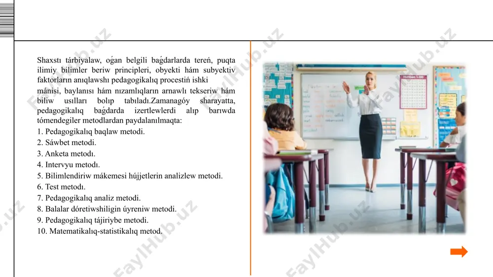 nlaw imkaniyatına ie emes.pedagogikalıq analiz metodi. izertlew alıp barıw procesinde usı metodtı qollanıwdan gózlengen maqset tańlanǵan mashqalanıń filosofiyalıq, psixologiyalıq hám pedagogikalıq baǵdarlarda úyrenilgenlik dárejesin anıqlawdan ibarat bolıp, izertlewshi aldın kóterip atırǵan ideyanıń teoriyalıq jaqtan durıslıǵın tiykarlawǵa xızmet etedi.balalar dóretiwshiligin úyreniw metodi. bul metod oqıwshılardıń belgili bir baǵdarlardaǵı uqıbı, qábileti, sonday-aq, belgili pán tarawları boyınsha bilimi,kónlikpe hám uqıplılıǵınıń dárejesin anıqlaw maqsetinde qollanıladı. onı qollanıwda oqıwshılardıń dóretiwshilik jumısları - kúndelikleri, shıǵarmaları, jazba jumısları, referatları, esabatları áhmietli kural bolıp xızmet etedi. metodtıń abzallıǵı sonda ol belgili oqıwshıǵa tán bolǵan individual imkaniyattı kóre alıw, bahalaw hám onı rawajlandırıw ushın tiykar jaratadı. juwmaqlap aytqanda, pedagogikalıq izertlew metodları oqıtıwshınıń pedagogikalıq iskerligin arttırıwǵa qaratılǵan izertlew wazıypalarınıń anıqlıǵı, oqıwshılardıń jas ózgesheliklerin, balalar psixologiyası nızamlıqların esapqa alıw sıyaqlı ózgesheliklerin jaqsılap, onıń dárejesin arttıradı. zamanagóy pedagogikada "kreativ pedagogika" túsinigi qollanıla baslaǵanına ele onsha kóp waqit bolmadı. biraq, oqiw procesine innovaciyalıq hám de dóretiwshilik jantasıwlardı belgilewge bolgan talap "kreativpedagogika"nıń pedagogikalıq túrdegi …