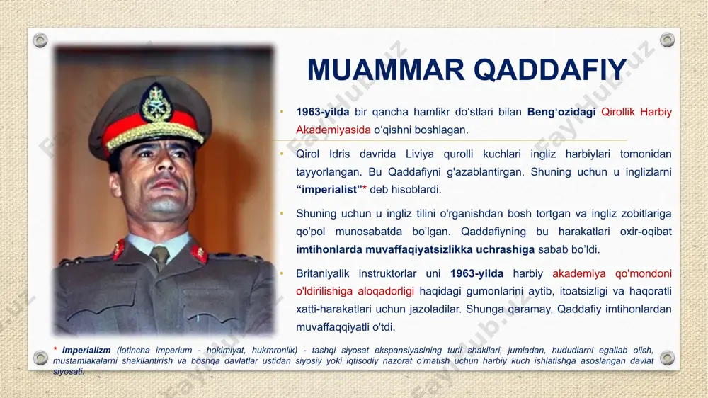 . bu qo’mita o'zini “inqilobiy qo'mondonlik kengashi” (iqk), yangi respublika hukumati deb e'lon qildi. leytenant qaddafiy iqkning raisi va amaldagi davlat rahbari bo’ldi. shuningdek, o'zini polkovnik unvoni bilan taqdirladi va qurolli kuchlarning asosiy qo'mondoni bo'ldi. jalud bosh vazir boʻldi. inqilobiy qoʻmondonlik kengashi siyosatini amalga oshirish uchun sulaymon magʻribiy boshchiligida vazirlar kengashi tuzildi. poytaxt al-beydadan tripoliga koʻchirildi. iqk a'zolari (odatda qishloq) ishchi va o'rta sinfdan bo'lgan yigitlar edi. ularning hech biri oliy ma'lumotga ega emas edi. bu bilan ular ilgari mamlakatni boshqargan badavlat, oliy ma'lumotli konservatorlardan farq qilar edi. iqtisodiy va ijtimoiy islohotlar iqtisodiy siyosatning dastlabki bosqichda tadbirkorlarga yordam berish uchun ko‘plab tashabbuslar yaratildi. 1969-yil sentyabrda liviyaning ekin maydonini kengaytirish va qishloq xoʻjaligida mahsuldorlikni oshirish maqsadida hukumat “yashil inqilob”*ni boshladi. shunda liviya oziq-ovqat importiga kamroq qaram boʻlib qolishi mumkin edi. maqsad oziq-ovqat ishlab chiqarishda liviya o'zini-o'zi ta'minlash edi. italiyalik koʻchmanchilardan eksportatsiya qilingan yoki foydalanilmay qolgan barcha yerlar egallab olingan va qayta …