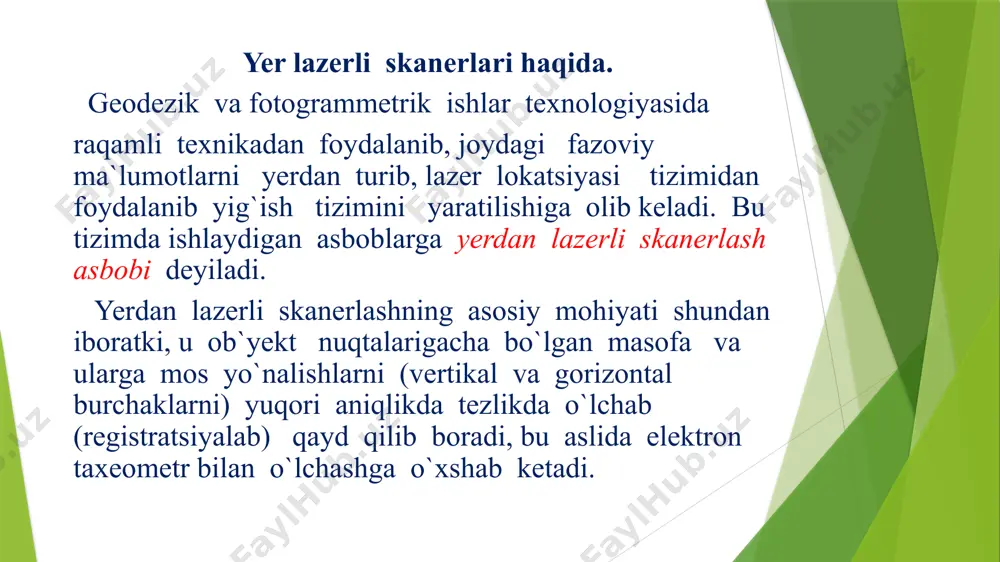 tanklarni kalibrlash. favqulodda vaziyatlar oqibatlarini oldini olish va bartaraf etish bo‘yicha chora-tadbirlarni ishlab chiqish. yuqori darajadagi kemasozlik qurilishi hududlarni topografik s`yomka qilishni amalga oshirish. korxonalarni boshqarishning ikki va uch o‘lchamli geoinformatsion tizimlarini yaratish. yo‘l xarakati hodisalari va jinoyat joylarini aniqlash. yuqori darajadagi avtomatlashtirishdan tashqari, yer usti lazerli skanerlash fazoviy ma’lumotlarni olishning boshqa usullariga nisbatan quyidagi afzalliklarga ham ega: -real vaqt rejimida uch o‘lchovli vizualizatsiyalash orqali, ishlab chiqarishni dala ishi bosqichida "o‘lik" zonalarni aniqlashga imkon beradi; -yuqori o‘lchash aniqligi; -yuqori va batafsil darajali; -masofadan turib ma’lumotlarni olish, borish qiyin va xavfli hududlarni suratga olishda ijrochining xavfsizligini ta’minlaydi; -ishlar har qanday yorug‘lik sharoitida, ya’ni kecha-yu - kunduz bajarilishi mumkin, chunki skanerlar faol suratga olish tizimlari hisoblanadi; - lazerli skanerlash natijalaridan ko‘p maqsadli foydalanish dala sharoitida ob`yekt joylashgan nuqtalarining fazoviy koordinatalarini aniqlash imkoniyati beradi. lazerli skanerlar ob`yektlar yoki joyning aniq fazoviy ma’lumotlarini to‘plash uchun mo‘ljallangan. lazerli skaner, lazer nurlanishi yordamida nuqta va burchaklargacha …