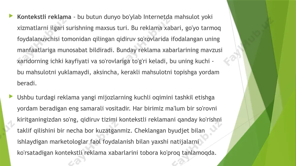 gan xabarning foydalanuvchi talabiga muvofiqligi yuz foizni tashkil etadi. kompaniyalar ko'rsatmoqchi bo'lgan hamma narsani ko'rishingiz uchun, reklama xabarlarini joylashtirish uchun javobgar bo'lgan qidiruv tizimlarining reklama tarmoqlari bilan shartnomalar tuziladi. biz rossiyadagi mashhur yandex, internet giganti google va boshqalar haqida gapiramiz. qidiruv natijalari sahifasida kontekstli reklama joylashtirish narxi xabar joylashtirilgan sahifaning ma'lum bir qismining obro'siga qarab o'zgaradi. obro'-e'tibor ko'tarilish samaradorligi, boshqacha aytganda, ko'rinish bilan belgilanadi. bu joy qanchalik kam ko'rinadigan bo'lsa, xarajat shunchalik past bo'ladi, shuningdek, ta'sir samaradorligi. odatda, kontekstli reklamalar qidiruv natijalari sahifasining ochiladigan quyidagi qismlariga joylashtiriladi. yuqori qismda xuddi qidiruv so'roviga kiritilgandek. ushbu namoyish usuli deyiladi maxsus turar joy". lavozim eng foydali deb hisoblanadi, chunki dastlab foydalanuvchi qidiruv so'rovlarining standart chiqarilishiga emas, balki reklamaga e'tibor beradi va, ehtimol, yuqori havolalarga amal qiladi. sahifaning o'ng tomonida, deb atalmish kafolatlangan namoyishlar qidiruv tizimlari tomonidan joylashtirilgan. ushbu pozitsiya unchalik foydali emas deb ishoniladi, chunki foydalanuvchi unga faqat qidiruv tizimining yuqori qatorlaridan keyin …