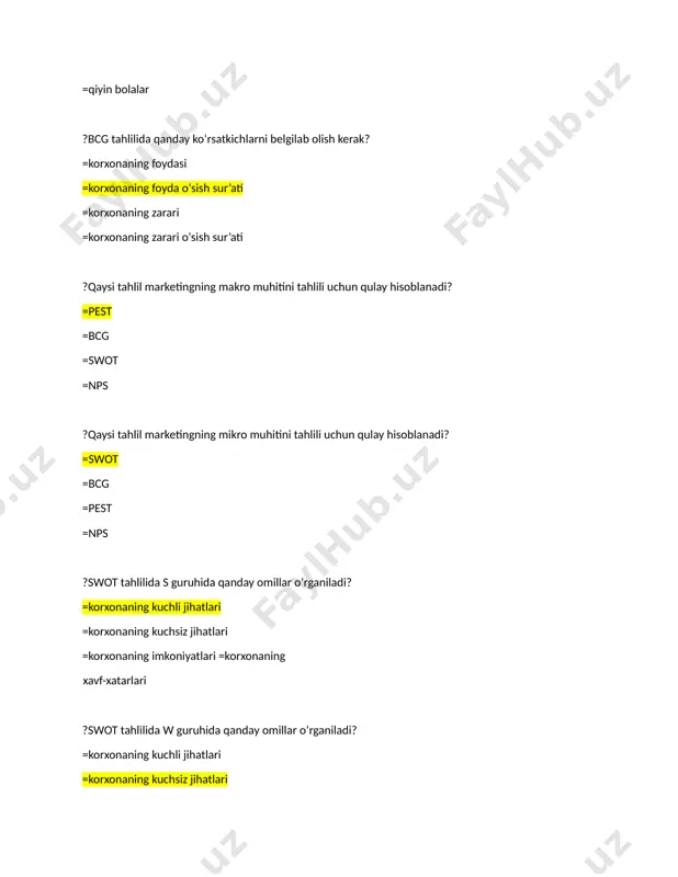 =reklama beruvchining maqsadli faoliyati, reklama mavzusining mavjudligi to'g'risida iste'molchilarning bilimlarini xabardor qilish yoki kengaytirish =imidjni shakllantirish va kompaniyaning obro'siga jamiyatning ijobiy munosabatini rivojlantirish bo'yicha turli tadbirlarni o'tkazish =taklif etilayotgan tashrif buyuruvchilar bilan ularni sotish maqsadida suhbatda mahsulot va xizmatlarni og'zaki taqdim etish =muayyan reklama beruvchi tomonidan mahsulot, xizmatlar g'oyalarini ilgari surishning shaxsiy taqdimotining har qanday pullik shakli ?o'zbekiston respublikasining "reklama to'g'risida" gi qonun qaysi yilda qabul qilingan? =1998 yil 25-dekabr =1999 yil 25 oktyabr =1997 yil 25 dekabr =1998 yil 25 oktyabr ?strategiya bu ..... =yakuniy maqsadga erishish uchun kelajakda amal qiladigan harakatlar rejasi =bu biznesni bosqichma-bosqich rivojlantirishning umumiy uzoq muddatli rejasi =bu biznesni bosqichma-bosqich rivojlantirishning umumiy qisqa muddatli rejasi =bu biznesni bosqichma-bosqich rivojlantirishning umumiy o'rta muddatli rejasi ?bcg matritsasi nechta kvadrantga bo'linadi? =4 =5 =3 =2 ?elektron pochta marketingi .... =elektron pochta orqali kompaniya mahsulotlarini reklama qilish =bu usul mahsulotni to'g'ridan-to'g'ri va oxirgi iste'molchi bilan targ'ib qilish =maqsadli va …