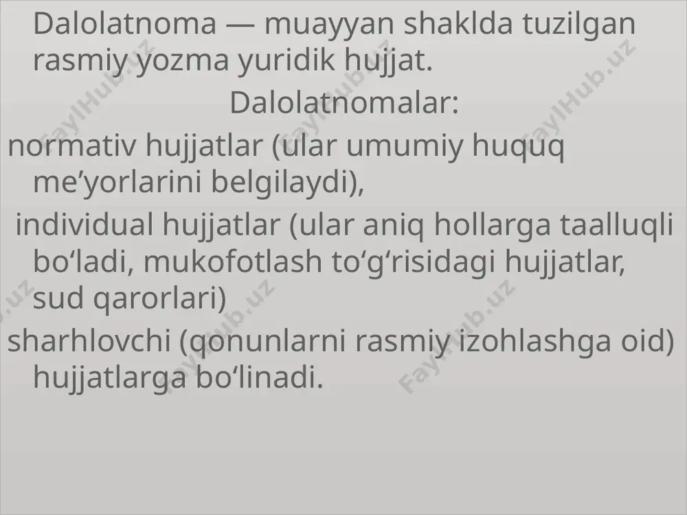 almashinayotganda, moddiy boyliklarni bir xususiy yoki yuridik shaxsdan ikkinchisiga oʻtkazishda, qurib tugʻallangan inshootlarni qabul qilishdan oldin va keyin, mashina va uskunalarning yangi nusxalarini sinovdan oʻtkazish chogʻida, qimmatdor buyumlarni hisobdan oʻtkazish yoki hisobdan chiqarishda, tovarlarni miqdor va sifat boʻyicha qabul qilib olishda, baxtsiz hodisalar yoki tabiiy ofatlar oqibatlarini tekshirishda, sud-tergov ishlari va tibbiyot sohasida, xodimlarning moddiy, yashash sharoitlarini oʻrganishda va b. hollarda tuziladi. dalolatnoma yozuvlariga o‘zgartirishlar, tuzatishlar va qo‘shimchalar kiritish dalolatnoma yozuvlariga o‘zgartirishlar, tuzatishlar va qo‘shimchalar kiritish etarli asoslar mavjud bo‘lganda va manfaatdor shaxslar o‘rtasida nizo bo‘lmaganda, ushbu yozuvlar saqlanayotgan joydagi, agar ular o‘zbekiston respublikasi hududida tuzilgan bo‘lsa, fhdyo organi tomonidan amalga oshiriladi 16 yoshga to‘lgan shaxslarning tug‘ilganlik, nikoh tuzilganligi, nikohdan ajralganlik haqidagi dalolatnoma yozuvlariga o‘zgartirishlar kiritish ularning arizasiga ko‘ra amalga oshiriladi e’tiboringiz uchun rahmat! image2.png image3.png image4.png image5.png image6.png image7.png image8.png image9.png image10.jpeg image1.jpeg