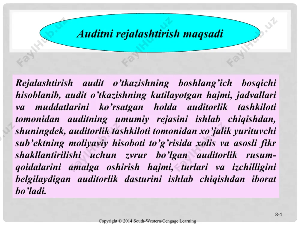 umkin auditorlik tashkiloti bajarayotgan rusum-qoidalarning natijalarini umumiy reja va dasturni tayyorlash paytida batafsil hujjatlashtirish kerak copyright © 2014 south-western/cengage learning 8-* auditor uchun axborot manbalari xo’jalik yurituvchi sub’ekt ustavi va xo’jalik yurituvchi sub’ektni ro’yxatga olish to’g’risidagi hujjatlar kuzatuv va (yoki) ijroiya organlari aktsiyadorlar yig’ilishlarining yoxud xo’jalik yurituvchi sub’ektning boshqa shu singari boshqaruv organlari majlislari bayonnomalari xo’jalik yurituvchi sub’ektning hisob siyosatini va unga o’zgartirishlar kiritishni tartibga soluvchi hujjatlar xamda buxgalteriya hisobotlari statistika hisobotlari va xo’jalik yurituvchi sub’ekt faoliyatini rejalashtirish hujjatlari (rejalar, smetalar, loyihalar) auditor maslahatchilarining ichki hisobotlari xo’jalik yurituvchi sub’ektning kontraktlari, shartnomalari, bitimlari ichki firma yo’riqnomalari soliq tekshiruvlari materiallari va sud da’volari materiallari xo’jalik yurituvchi sub’ektning ishlab chiqarish va tashkiliy tuzilishlarini tartibga soladigan hujjatlar, uning filiallari va shu’ba jamiyatlari ro’yxati xo’jalik yurituvchi sub’ektni, uning asosiy uchastkalari, omborlarini ko’zdan kechirishda olingan axborotlar copyright © 2014 south-western/cengage learning 8-* rejalashtirish chog’ida auditor quyidagilarni hisobga olishi zarur: - kelgusi davrdagi vaqt sarfi hisob-kitobi (takroriy …