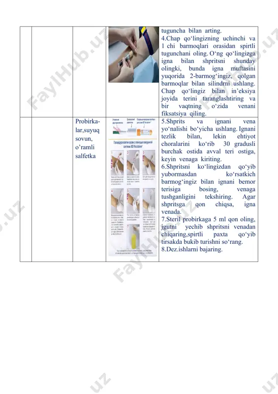 f etish,yurak qon tomir faoliyatini tiklash muolajalari buyuriladi. 3.kortikosteroidlardan gidrokortizon 100-300 ml, yurak glikozidlaridan 1mlkorglyukon yoki 1ml strofantin glyukoza eritmasida venadan yuboriladi 4.zaruratga qarab bu dorilarni bir kunda bir necha marotaba qilish mumkin 5.taxikardiyani bartaraf etish uchun betaadrenoblakatorlardan 0,25% li 1 ml anaprilin v/i qilinadi. 6.organizmni suvsizlanishini bartaraf etish uchun 5% li glyukoza eritmasi, reomakrodeks, elektrolitlar,kuniga 2 l miqdorda quyiladi 7. ajralib chiqayotgan kundalik siydik miqdori ham e’tiborga olinadi. yo’riqli texnologik xarita 1.tayyorlash yo’nalishi 5.71.01.01 – feldsher akusherlik ishi 2.o’quv amaliyoti nomi : “terapiya” fani 3mavzu№ : ichki sekresiya bezlari va modda almashinuvi tizimi kasalliklari. 4.maqsad: o’quvchilarga ichki sekresiya bezlari va modda almashinuvi tizimi tekshirish usullari usullari haqida ma’lumot berish va ularda mavzu bo’yicha nazariy mashg’ulotda olgan bilimlarini amaliy mashg’ulotlarda mustahkamlash amaliy ko’nikma va malakalarni shakillantirish. № bajariladi-gan ishlar mazmuni kerakli asbob uskuna-lar xom ashyo material-lari rasmlar,chizma-lar, eskizlar ishning bajarish tartibi 1. siydikdagi qand miqdorini aniqlash uchun siydik yig’ish -peshob …
