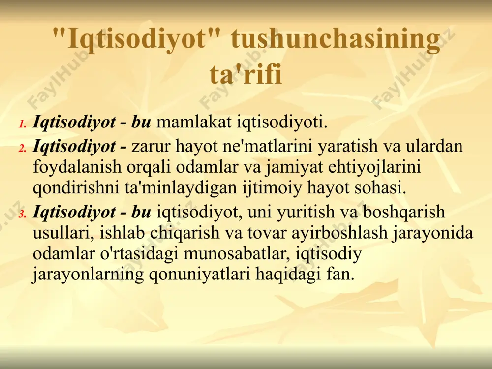 qaro savdosi, kapital harakati, xalqaro valyuta munosabatlari va boshqalar. iqtisodiy faoliyat - odamlarning ehtiyojlarini qondirish va hayot uchun moddiy sharoitlarni ta'minlashga qaratilgan turli xil iqtisodiy faoliyat turlari . iqtisodiy faoliyatning maqsadi tabiiy ob'ektlarni (resurslarni) iste'mol tovarlariga aylantirishdir . resurslar ishlab chiqarish tarqatish iste'mol mashq qilish 1. tushunchalar bilan tanishing, asosiy semantik qatorni toping. "chet kontseptsiya" ni aniqlang. resurslar, ishlab chiqarish, ayirboshlash, soliqlar, tovarlar, bozor, iste'molchi. 2. tabiiy ob'ektlarni iste'mol tovarlariga aylantirish jarayonini aks ettiruvchi so'zlarni ketma-ketlikda joylashtiring: ayirboshlash, resurslar, taqsimlash, ishlab chiqarish, iste'mol, tovarlar iqtisodiy faoliyatning chora-tadbirlari volumetrik - mahsulot miqdorini tavsiflash; sifat - ikki miqdor munosabatlarini tavsiflaydi . yaim orqali o'lchanadi . yalpi milliy mahsulot (yaim) - umumiy iqtisodiy ko'rsatkich bo'lib, u ma'lum bir mamlakat ishlab chiqaruvchilari tomonidan yil davomida mamlakat ichida va undan tashqarida yaratilgan barcha yakuniy mahsulot va xizmatlarning bozor narxlari yig'indisi sifatida belgilanadi. yalpi ichki mahsulot (yaim) - bu mamlakat iqtisodiy faoliyatining umumiy iqtisodiy ko'rsatkichi bo'lib, …