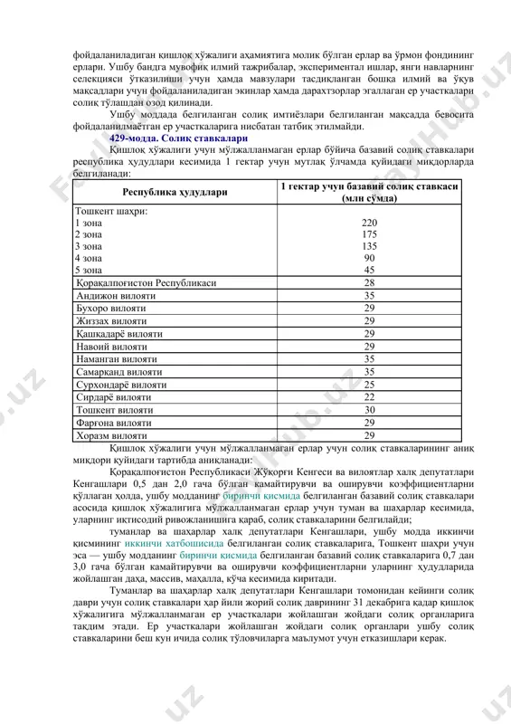 ишлаб чиқарувчилар қайта тикланадиган энергия манбалари (номинал қуввати 0,1 мвт ва кўпроқ) ускуналари эгаллаган ер участкалари бўйича улар ишга туширилган пайтдан эътиборан ўн йил муддатга солиқдан озод этилади. солиқ солинмайдиган ер участкалари жумласига қуйидаги ерлар киради: маданият, таълим, соғлиқни сақлаш (бундан туристик зоналарда жойлашган санаторий-курорт объектлари банд қилган ерлар мустасно) ва ижтимоий таъминот объектлари эгаллаган ерлар; спорт ва жисмоний тарбия-соғломлаштириш мажмуалари, ўқув-машқ базалари ва болалар-соғломлаштириш оромгоҳлари эгаллаган ерлар; шаҳар электр транспорти йўллари ва метрополитен линиялари, шу жумладан жамоат транспорти бекатлари ва метрополитен станциялари ҳамда уларнинг иншоотлари эгаллаган ерлар; аҳоли пунктларининг сув таъминоти ва канализация иншоотлари (магистрал сув қувурлари, водопровод тармоқлари, канализация коллекторлари ва уларнинг иншоотлари, насос станциялари, сув олиш ва тозалаш иншоотлари, водопровод ва канализация тармоқларидаги кузатиш қудуқлари ва дюкерлари, сув босими ҳосил қиладиган миноралар ҳамда шунга ўхшаш иншоотлар эгаллаган ерлар); магистрал иссиқлик трассалари, шу жумладан насос (кўпайтирувчи, камайтирувчи, аралаштирувчи, дренаж) станциялари, иссиқ сув таъминотининг иссиқликни ҳисобга олиш ва назорат …
