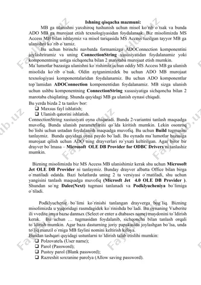 ms access ma'lumotlar bazasiga ulanish — DOCX