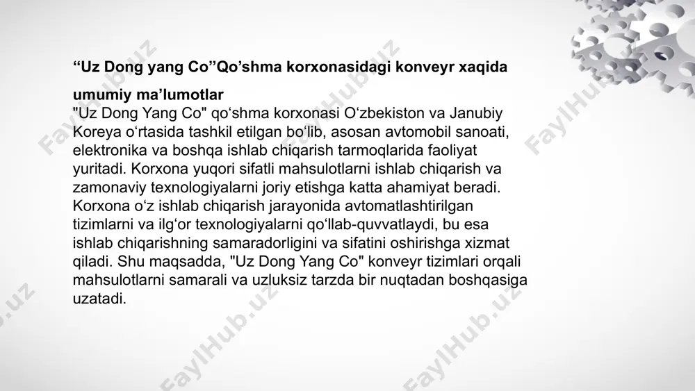 hbu tahlil, tizimning energiya samaradorligini, ishonchliligini va ishlashini yaxshilashga yordam beradi. konveyrning kinematik sxemasi lentali konveyerning kinematik sxemasi: 1 – dvigatel;2, 4 – muftalar;3 – reduktor;5 – konveyer 6. iqtisodiy qism sanoatda energiya samaradorligi ishlab chiqarish xarajatlarini kamaytirishda muhim omil hisoblanadi. ushbu hisobotda 1.2 kw va 0.75 kw dvigatellarning bir soatlik ish davomidagi energiya sarfi va iqtisodiy samaradorligi solishtirilgan. 1. asosiy xarajatlar tahlili 1.1 elektroenergiya narxi (1 kwh = 1000 so‘m deb hisobda): dvigatel narxi va amortizatsiya: 0.75 kw dvigatel 1.2 kw ga qaraganda 15-20% arzonroq agar dvigatel narxi 2 000 000 so‘m bo‘lsa, farq ~300 000 so‘m ga teng. amortizatsiya muddati: yillik tejash = 3 942 000 so‘m dvigatel narxi farqi = 300 000 so‘m amortizatsiya = 1 oydan kam (tejamkorlik darhol boshlanadi) isrof va qo‘shimcha xarajatlar elektr tarmog‘iga ta'sir: 1.2 kw dvigatel 2.15 a tok talab qiladi, 0.75 kw esa faqat 1.34 a. past tok tarmoq yukini kamaytiradi, …