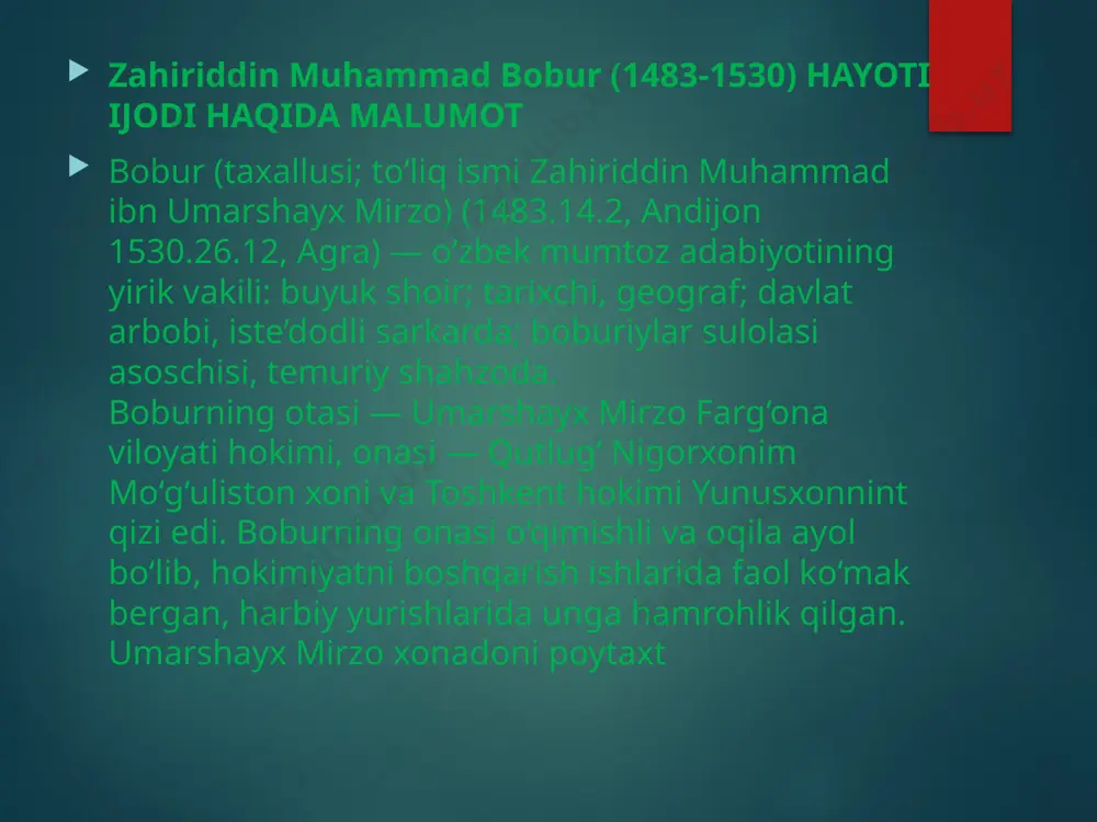 lgan ko‘pdanko‘p viloyatlarga parchalanib ketgan edi. har kimki vafo qilsa, vafo topqusidir, har kimki jafo qilsa, jafo topqusidir. yaxshi kishi ko’rmagay yomonlik hargiz, har kimki yomon bo’lsa, jazo topqusidir. bobur afg‘onistonda bir fotih sifatida emas, balki shu yurt, el obodonligi va ravnaqi uchun jon kuydirgan tadbirli hukmron sifatida qizg‘in faoliyat ko‘rsatdi, uning manfaatlari yo‘lida odilona va oqilona ish tutdi. afg‘onistondagi amaliy faoliyatiga ko‘ra, bobur butun xuroson va movarounnahrda qudratli davlat boshlig‘i va muzaffar sarkarda sifatida katga obro‘ orttira bordi, mintaqadagi siyosiy hayot e’tiborli o‘ringa ko‘tarildi. kim ko’rubtur, ey ko’ngul, ahli jahondin yaxshilig’, kimki ondin yaxshi yo’q, ko’z tutma ondin yaxshilig’. bu zamonni naf’i qilsam ayb qilma, ey rafiq, ko’rmadim hargiz, netayin, bu zamondin yaxshilig’. dilrabolardin yomonliq keldi mahzun ko’ngluma, kelmadi jonimg’a hech oromi jondin yaxshilig’. ey ko’ngul, chun yaxshidin ko’rdung yomonlig’ asru ko’p, emdi ko’z tutmoq ne ya’ni har yomondin yaxshilig’. bori elga yaxhshilig’ qilg’ilki, mundin yaxshi yo’q kim, degaylar …