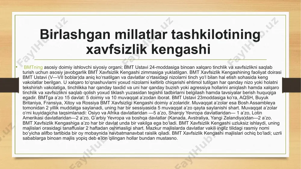 ning xavfsizlik kengashi vakolatlari va funksiyalari birlashgan millatlar tashkilotining xavfsizlik kengashi bmtning asosiy doimiy ishlovchi siyosiy organi; bmt ustavi 24-moddasiga binoan xalqaro tinchlik va xavfsizlikni saqlab turish uchun asosiy javobgarlik bmt xavfsizlik kengashi zimmasiga yuklatilgan. bmt xavfsizlik kengashining faoliyat doirasi bmt ustavi (v—vii boblar)da aniq koʻrsatilgan va davlatlar oʻrtasidagi nizolarni tinch yoʻl bilan hal etish sohasida keng vakolatlar berilgan. u xalqaro toʻqnashuvlarni yoxud nizolarni keltirib chiqarishi ehtimol tutilgan har qanday nizo yoki holatni tekshirish vakolatiga, tinchlikka har qanday taxdid va uni har qanday buzish yoki agressiya hollarini aniqlash hamda xalqaro tinchlik va xavfsizlikni saqlab qolish yoxud tiklash yuzasidan tegishli tadbirlarni belgilash hamda tavsiyalar berish huquqiga egadir. bmtga a’zo 15 davlat: 5 doimiy va 10 muvaqqat a’zodan iborat. bmt ustavi 23moddasiga koʻra, aqsh, buyuk britaniya, fransiya, xitoy va rossiya bmt xavfsizligi kengashi doimiy a’zolaridir. muvaqqat a’zolar esa bosh assambleya tomonidan 2 yillik muddatga saylanadi, uning har bir sessiyasida 5 muvaqqat a’zo …