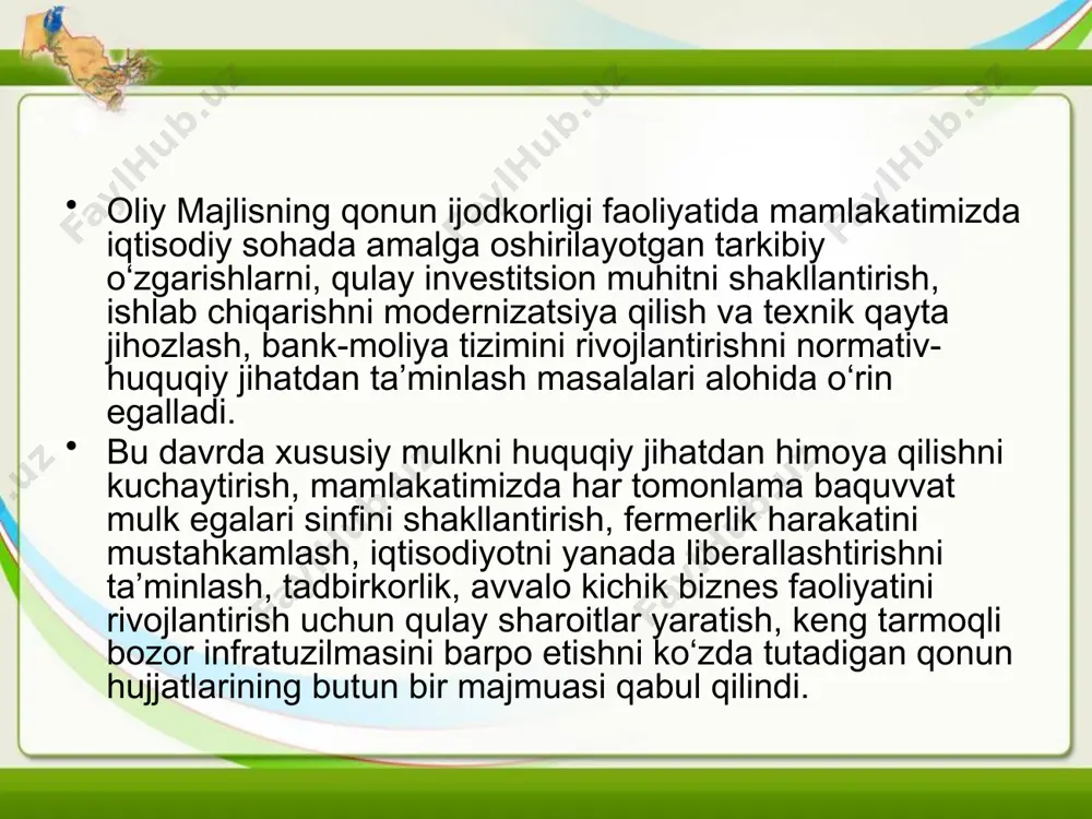 llari miqdorida investitsiya jalb etildi. bu 2007 yil bilan taqqoslaganda, 28,3 foizga ko‘p bo‘lib, yalpi ichki mahsulotga nisbatan investitsiyalar hajmi 23 foizni tashkil etdi. o‘zlashtirilgan barcha investitsiyalarning 50 foizga yaqini ishlab chiqarishni modernizatsiya qilish va texnik qayta jihozlashga yo‘naltirilganini ta’kidlash darkor. keyingi yillarda o‘zbekiston iqtisodiyotiga kiritilayotgan xorijiy investitsiyalar hajmining izchil va barqaror o‘sib borayotgani e’tiborga sazovordir. 2008 yilda 1 milliard 700 million aqsh dollari miqdoridagi xorijiy investitsiyalar o‘zlashtirildi. bu 2007 yildagiga nisbatan 46 foiz ko‘p demakdir. eng muhimi, xorijiy investitsiyalarning 74 foizini to‘g‘ridan-to‘g‘ri investitsiyalar tashkil etdi. jahon inqirozi davom etayotganiga qaramasdan, 2009 yilda mamlakatimiz iqtisodiyotiga jalb etiladigan xorijiy investitsiyalar hajmi 1 milliard 800 million dollarga ko‘payadi, buning to‘rtdan uch qismi to‘g‘ridan-to‘g‘ri investitsiyalardir. iqtisodiyotimizda tarkibiy o‘zgarishlarni amalga oshirish va uni modernizatsiya qilish borasida strategik muhim rol o‘ynaydigan loyihalarni amalga oshirish, birinchi navbatda, ishlab chiqarish infratuzilmasini shakllantirishda 2006 yilda tashkil etilgan, bugungi kunda 3 milliard 200 million aqsh dollaridan ortiq nizom jamg‘armasiga …