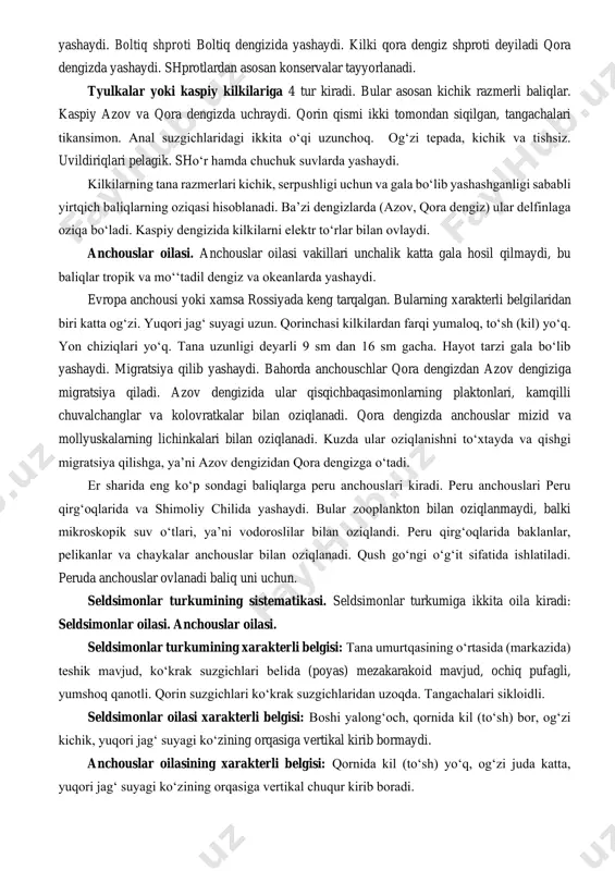 tlantik seldi, boltiq seldi yoki salaka kiradi. kam umurtqalilarga tinch okeani seldi va oqdengiz deldi kiradi. atlantik seldi atlantik okeanining shimol qismida keng tarqalgan. boltiq seldi yoki salaka kenja tur hisoblanadi atlantik okeani seldining. shprot yoki kilki avlodining vakillarida tish bo‘lmasligi va qorin tomondagi to‘sh tangachalari kuchli rivojlanganligi bilan farq qiladi. uvildiriqlari pelagik. shprotlar dengiz gala baliqlari bo‘lib, boltiq dengizidan to o‘rta yer va qora dengizgacha evropa qirg‘oqlarida yashaydi. boltiq shproti boltiq dengizida yashaydi. kilki qora dengiz shproti deyiladi qora dengizda yashaydi. shprotlardan asosan konservalar tayyorlanadi. tyulkalar yoki kaspiy kilkilariga 4 tur kiradi. bular asosan kichik razmerli baliqlar. kaspiy azov va qora dengizda uchraydi. qorin qismi ikki tomondan siqilgan, tangachalari tikansimon. anal suzgichlaridagi ikkita o‘qi uzunchoq. og‘zi tepada, kichik va tishsiz. uvildiriqlari pelagik. sho‘r hamda chuchuk suvlarda yashaydi. kilkilarning tana razmerlari kichik, serpushligi uchun va gala bo‘lib yashashganligi sababli yirtqich baliqlarning oziqasi hisoblanadi. ba’zi dengizlarda (azov, qora dengiz) ular delfinlaga …
