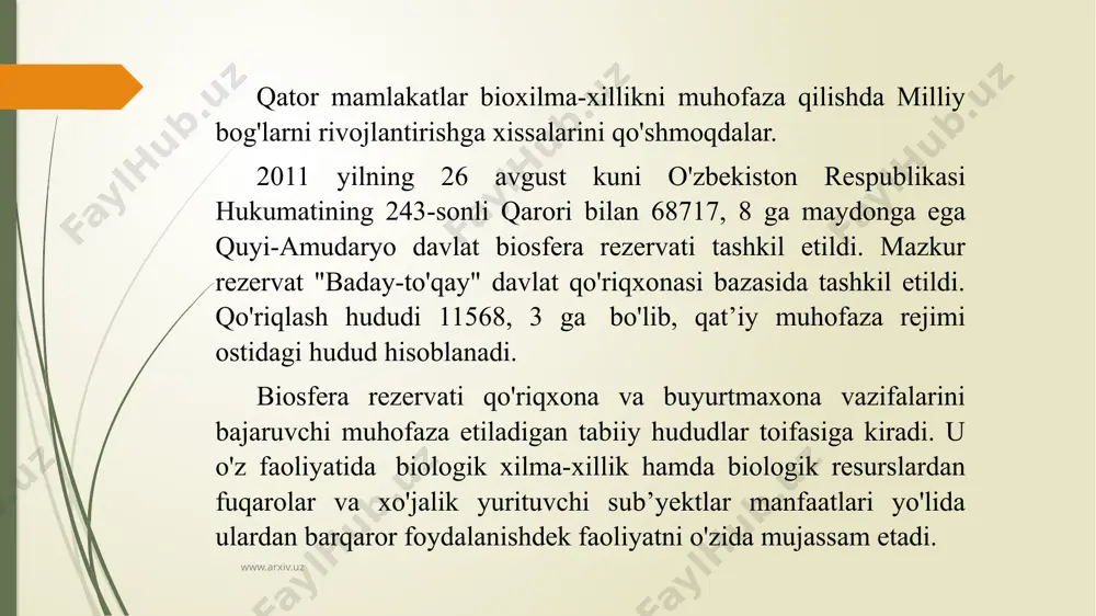 faza qilish kafolatini bermaydi. mavjud tur va ekotizimlarni saqlab qolish, mahalliy aholiga tabiiy resurslardan samarali foydalanish kafolatini berish uchun muhofaza etiladigan tabiiy hududlarni boshqarishni va mavjud qonunchilikni takomillashtirish zarur. www.arxiv.uz www.arxiv.uz www.arxiv.uz loyiha qo’riqxonalarni boshqarishda samarali, rentabelli va yashash joylarini qayta tiklash usullarini ishlab chiqib, o`z oldiga qo’yilgan maqsadlarga quyidagi 3 asosiy natijalar orqali erishadi: o’zbekiston muhofaza etiladigan tabiiy hududlar tizimini kengaytirish bo’yicha istiqbolli dastur tayorlash; boshqaruv samaradorligini takomillashtirishni va kengaytirishni ta’minlash uchun institutsional va individual salohiyatni mustahkamlash; qo’riqxonalar muhofaza zonalarida yangicha usullarni qo’llash orqali boshqaruv samaradorligini mustahkamlash. e’tiboringiz uchun rahmat!!! www.arxiv.uz image1.jpeg image2.png image3.jpeg image4.jpg image5.jpeg image6.jpeg image7.jpg /docprops/thumbnail.jpeg