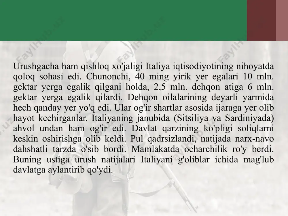 nomlangan hujjat qabul qilindi. iqtisodda joriy etilgan korporativ tartibga ko'ra, ishlab chiqarish muammolarini birgalikda hal etish uchun ishchilar va sarmoyadorlar yagona kasaba uyushmasining teng huquqli a'zosiga aylandi. xalq xo'jaligi bo'yicha turli sohalarda 22 ta korporatsiya tuzildi va ular korporatsiyalar milliy kengashiga birlashtirildi. milliy kengash tarkibi ishbilarmonlardan va fashistlar partiyasi vakillaridan iborat edi. 1937-yilga kelib italiya industrial-agrar davlatga aylandi. biroq, baribir, u iqtisodiy taraqqiyotning asosiy ko'rsatkichlari bo'yicha boshqa rivojlangan davlatlar — aqsh, buyuk britaniya, germaniya va fransiyadan orqada qolaverdi. 30-yillar davomida siyosiy hayotda ham totalitar diktatura to’la qaror topdi. demokratiyaning barcha ko'rinishlari, jumladan, parlament ham tugatildi. parlament o'rniga fashistlar partiyasi va korporatsiya vakillari palatasi tuzildi. uning deputatlari davlat tomonidan tayinlanadigan bo'ldi va fashist partiyasi davlat tizimi bilan qo'shilib ketdi. partiya davlat xizmatini bajaruvchi fuqaro militsiyasiga aylandi. 1923-yilda italiya gretsiyaga qarashli korfu orolini bosib oldi. biroq buyuk britaniyaning talabi bilan orolni tashlab chiqishga majbur bo'ldi. 1924-yilda yugoslaviyaga qarashli fiuma porti italiyaga o’tdi. …