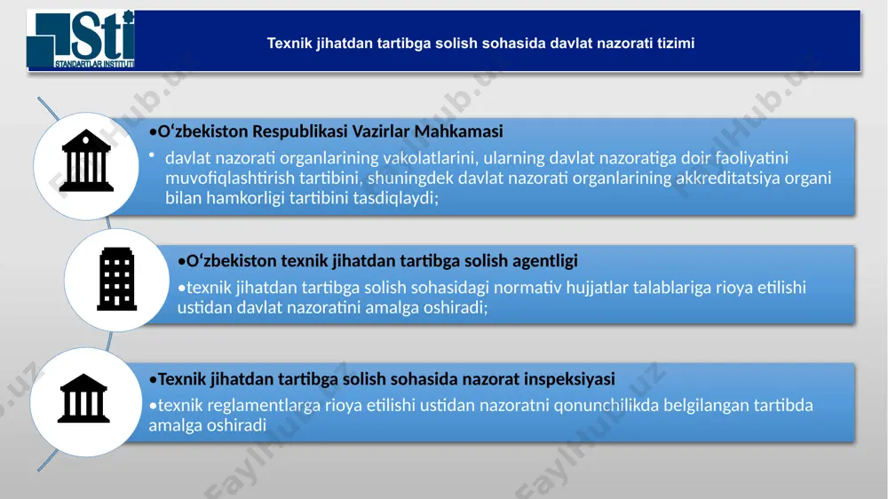 rsatmalar berish; muvofiqlik sertifikatining amal qilishini to‘xtatib turish yoki tugatish zarurligi to‘g‘risidagi axborotni sertifikatni bergan muvofiqlikni baholash organiga va maxsus vakolatli davlat organiga yuborish; muvofiqlik sertifikatining, muvofiqlik to‘g‘risidagi deklaratsiyaning amal qilishini qonunchilikda belgilangan tartibda to‘xtatib turish, tugatish haqida qaror qabul qilish; texnik reglamentlar talablariga javob bermaydigan mahsulotni muomalaga chiqarishni taqiqlash yoki to‘xtatib turish, muomaladan chiqarish yoki chaqirib olish to‘g‘risida qaror qabul qilish hamda ushbu qaror haqida o‘z vakolatlariga muvofiq tegishli davlat nazorati organlarini xabardor qilish va (yoki) ushbu mahsulotdan foydalanishni qoidabuzarliklar bartaraf etilguniga qadar taqiqlash; qonunchilikda nazarda tutilgan boshqa choralarni zarar yetkazilishiga yo‘l qo‘ymaslik maqsadida qo‘llash. davlat nazorati organlarining huquq va majburiyatlari davlat nazorati organlarining huquq va majburiyatlari * muvofiqlikni baholash organiga muvofiqlik sertifikatining amal qilishini to‘xtatib turish yoki tugatish to‘g‘risida, deklaratsiyani qabul qilgan shaxsga muvofiqlik to‘g‘risidagi deklaratsiyaning amal qilishini to‘xtatib turish yoki tugatish haqida ko‘rsatma berish hamda muvofiqlik sertifikatining, muvofiqlik to‘g‘risidagi deklaratsiyaning amal qilishini to‘xtatib turish yoxud tugatish haqida …