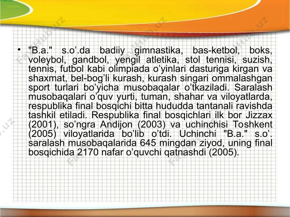 arida tashkil etilgan 65 mingdan ortiq sport seksiyalarida ikki millionga yaqin bola sportning o‘ttizdan ziyod turi bilan muntazam shug‘ullanmoqda. ularning 840 mingdan ortig‘i qizlardir. qishloqlarda yaratilgan sharoit tufayli sport bilan shug‘ullanayotgan qishloq bolalarining soni 2003 yildagi 14,7 foizdan 2013 yilda 43 foizga, jumladan, qiz bolalar ulushi 17,8 foizdan 37,9 foizga o‘sdi. jismoniy tarbiya va sport bilan shug‘ullanayotgan o‘g‘il-qizlar safi kengaygani sari, tabiiyki, sport inventarlariga bo‘lgan talab ham ortib bormoqda. bolalar sporti inshootlari uchun zarur bo‘ladigan 120 turdagi uskuna va anjomlarning 116 turi mamlakatimizda ishlab chiqarilmoqda. o‘zbekiston ommaviy sportni rivojlantirish orqali katta sportda ham ulkan yutuqlarga erishayotir. prezidentimiz islom karimov rahnamoligida bolalar sportini rivojlantirishga qaratilayotgan alohida e'tiborning amaldagi samaralari – yoshlarimizning jahon va qit'a miqyosidagi nufuzli musobaqalarda qo‘lga kiritayotgan yutuqlaridan haqli ravishda faxrlanamiz. mamlakatimiz sharafini xalqaro maydonlarda munosib himoya qilayotgan sportchilar orasida uch bosqichli sport tizimidan yetishib chiqqan yoshlar ko‘pchilikni tashkil qiladi. bugun ushbu mohir sportchilarimiz ulg‘ayib kelayotgan o‘g‘il-qizlar uchun haqiqiy …