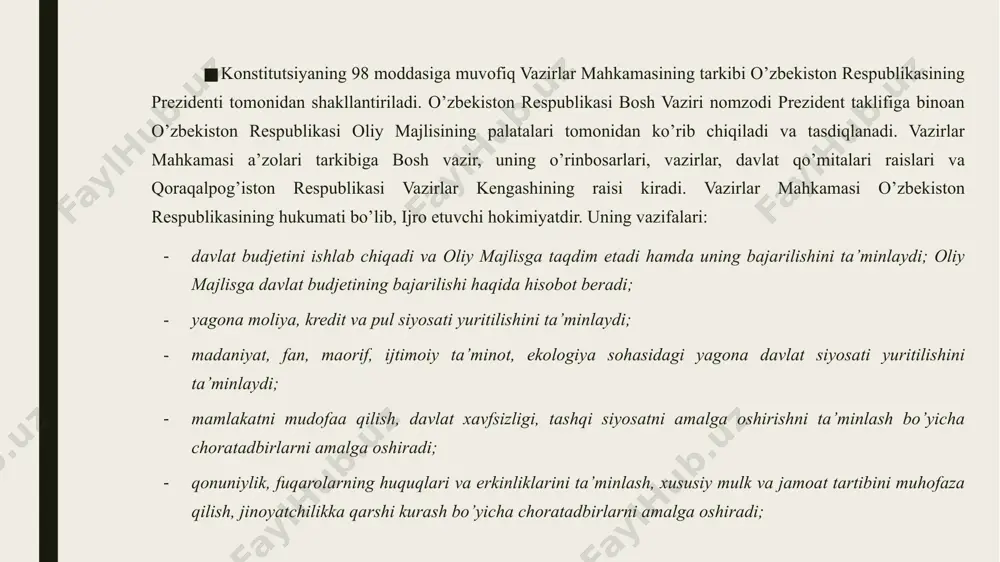 imlar boshchilik qiladigan xalq deputatlari kengashlari hokimiyatning vakillik organlari bo’lib, ular davlat va fuqarolarning manfaatlarini ko’zlab o’z vakolatlariga taalluqli masalalarni hal etadilar, deb belgilab qo’yildi. konstitutsiyada mahalliy hokimiyatning ikki mustaqil organga vakillik va ijro hokimiyat organlariga bo’linishi belgilandi. "mahalliy davlat hokimiyati to’g’risida" gi qonunning 1moddasida "viloyatlar, tumanlar va shaharlarda (tumanga bo’ysunadigan shaharlardan, shuningdek shaharlar tarkibiga kiruvchi tumanlardan tashqari) xalq deputatlari kengashlari davlat hokimiyatining vakillik organlaridir”, deb aniq belgilab qo’yildi. shahar tarkibiga kiruvchi tumanlarda va tumanga bo’ysunuvchi shaharlarda vakillik organlari tuzilmaydi. "xalq deputatlari viloyat, tuman va shahar kengashlariga saylov to’g’risida" gi qonunda vakillik organlariga 21 yoshga to’lgan fuqarolar saylanadi. saylovlar ko’ppartiyaviylik, muqobillik asosida o’tadi. xalq deputatlari viloyat va toshkent shahar kengashlariga 60 tadan ko’p bo’lmagan, tuman va shahar kengashlariga esa 30 tadan ko’p bolmagan deputatlar 5 yil muddatga saylanadi. mustaqillik yillarida ikki marta 1994 yil dekabrda va 1999 yil dekabr oyida xalq derutatlari viloyat, tuman, va shahar kengashlariga ko’ppartiyaviylik, muqobillik asosida …