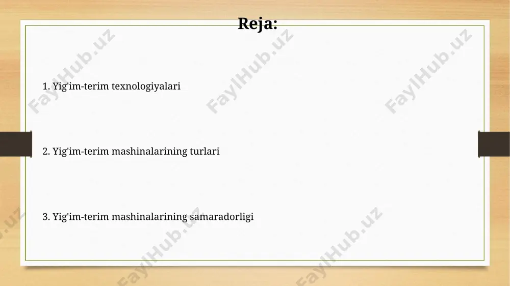 a samarqand viloyatida keng qoʻllaniladi. yig'im-terim mashinalarining ta'miri va texnik xizmati samarqand viloyatida joylashgan “agrotexnika-servis” kompaniyasi yig’im-terim mashinalarining ta’mirlash ishlarini 20% tezlashtirish uchun yangi texnologiyalarni joriy etdi, bu esa yiliga 500 ga yaqin qishloq xo‘jaligi texnikasini ta’mirlash imkonini beradi. qashqadaryo viloyatida joylashgan fermer xo‘jaliklarida ishlatilayotgan 50 dan ortiq g‘alla yig’im-terim kombaynlarining profilaktik texnik ko‘riklarini o‘tkazish har 100 soatdan keyin majburiy hisoblanadi, bu esa texnikaning uzoq muddatli ishlashini ta’minlaydi. yig'im-terim mashinalarining turlari gʻalla oʻrish kombaynlarining 2000 yildan keyingi modellari, masalan, john deere va claas kompaniyalari tomonidan ishlab chiqarilganlari, soatiga 10 gektardan ortiq maydonni oʻrib olish imkoniyatiga ega. kartoshka teruvchi mashinalar, jumladan, 3-4 qatorli modellari, qoraqalpogʻiston respublikasida 1 gektar maydondan 20 tonnagacha hosil yigʻish samaradorligini taʼminlaydi. zamonaviy yig'im-terim texnologiyalari zamonaviy gʻalla yigʻim-terim kombaynlarining 90% dan ortigʻi gps navigatsiyasi va avtomatik boshqaruv tizimlari bilan jihozlangan boʻlib, bu esa samarqand viloyatida hosildorlikni 15% ga oshirdi. surxondaryo viloyatining paxtazorlarida qoʻllaniladigan yuqori samarali paxta terish mashinalari …