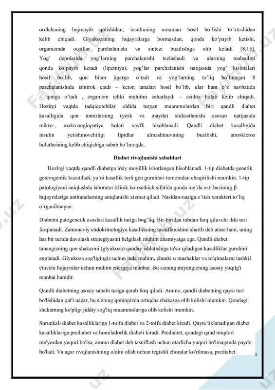 ularga pankreatit, me’da osti bezi saratoni, boshqa endokrin bezlar kasalliklari kiradi. 4. virusli infeksiyalar — qizamiq, suvchechak, yuqumli gepatit va boshqa kasalliklar. ushbu infektsiyalar diabet rivojlanishiga hissa qo’shadi. ayniqsa, xavf guruhida bo’lgan insonlar uchun. 5. asabiylashish, stress. stress, asabiylashishdan yiroq bo’lish tavsiya etiladi. 6. yosh. yosh ortishi bilan har o’n yilda diabet rivojlanish ehtimoli ikki barobarga ortadi. patogenez qandli diabetning patogenezida ikki asosiy zanjir ajratiladi: 1. me’da osti bezining endokrin hujayralari tomonidan yetarli miqdorida insulin ishlab chiqarilmasligi. 2. insulinning organizm to’qimalari hujayralari bilan o’zaro ta’sirlashuvining buzilishi (insulinorezistentlik). buning sabablariga: · insulin uchun maxsus retseptorlarning strukturasi o’zgarishi yoki miqdorining kamayishi; · insulinni o’zining tuzilishi o’zgarishi; · hujayralar ichida retseptorlardan organellalarga signallar uzatilish mexanizmining buzilishi. yuqorida aytilganidek, qandli diabet ota-onadan farzandlarga o’tishi mumkin. ota-onaning biri ushbu xastalik bilan kasallangan bo’lsa, uning nasl surishi ehtimoli 1-tip uchun 10%, 2-tip uchun 80% ni tashkil etadi. pankreatik yetishmovchilik (1-tip diabet) eski nomlanishi insulinga bog’liq diabet. …