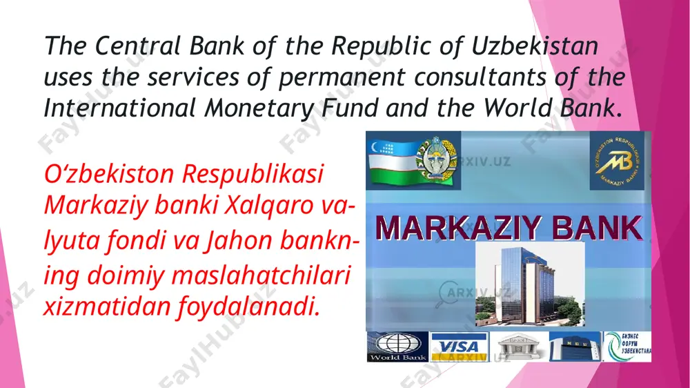 trln so‘m) tashkil etib, ularning 82 foizi davlat banklariga tegishli. banklarning majburiyatlari 33 mlrd dollarga (352,6 trln so‘m) yetdi, shundan 40 foizini depozitlar tashkil etadi. bank task bank vazifasi etiboringiz uchun rahmat tayorladi tuygunov jamshid thank you for your attention image1.png image2.png image3.png image4.png image5.png image6.png image7.png image8.png image9.png image10.png image11.png image12.png image13.png image14.png image15.png