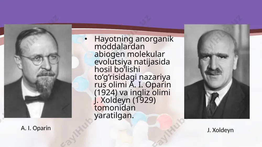 (oqsilsimon moddalar)ni sintezladi. keyinchalik tajribada nukleotidlar polimerlari ham sintezlandi. a. i. oparin fi kriga ko‘ra, oqsil molekulalari kolloid birikmalarni hosil qilgan. bu birikmalar suvdan ajralib turadigan koatservat tomchilari (koatservatlar)ni hosil qiladi (lotincha koatservus – quyqa, quyuq narsa ma’nosini anglatadi). koatservatlarni tirik mavjudotlar deb atash mumkin emas. kimyoviy evolutsiyaning so‘nggi bosqichlarida koatservatlar o‘sa boshlagan, moddalar almashinishiga o‘xshagan belgilar paydo bo‘lgan. koatservatlar membrana bilan o‘rala boshlagan va ularda bo‘linish xususiyati paydo bo‘lgan deb faraz qilinadi. bunday koatservatlar protobiontlar yoki birlamchi hujayralar deb ataladi. koatservatlarga o‘xshagan birikmalar a. i. oparin va uning shogirdlari tomonidan tajribada hosil qilingan va ularning xususiyatlari yaxshi o‘rganilgan. protobiontlar ham hali hayot shakli emas. ularda asta-sekin fermentlar (kofermentlar, xususiy fermentlar), atfga o‘xshash birikmalar abiogen usulda paydo bo‘la boshlagan deb faraz qilinadi. protobiontlarning haqiqiy hujayralarga aylanishida oqsillar va nuklein kislotalar funksiyalarining o‘zaro muvofi qlashuvi natijasida matritsali sintezning usuli paydo bo‘lishi katta ahamiyatga ega bo‘lgan. matritsali sintez jarayoni paydo bo‘lishi bilan …