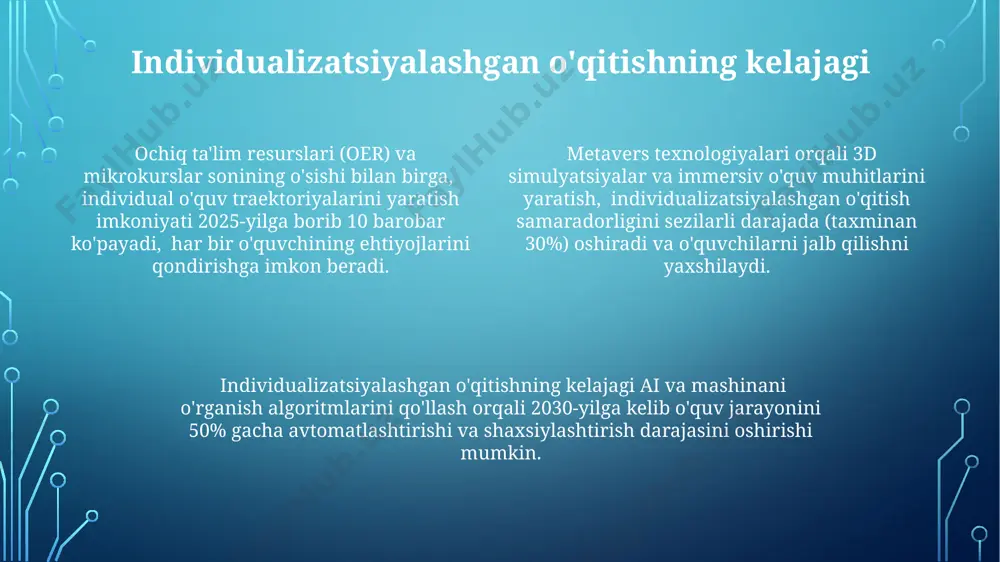 muvaffaqiyat omillari individualizatsiyalashgan o'qitishning muvaffaqiyati uchun o'quvchilarning 80% dan ortig'i o'zlashtirish tezligi va uslubini aniqlash uchun diagnostik baholashdan o'tishi muhim. o'qituvchilarning individualizatsiyalashgan o'qitish metodologiyalari bo'yicha kamida 15 soatlik doimiy professional rivojlanish kurslaridan o'tishlari samaradorlikni oshiradi. ta'lim dasturlari individual ehtiyojlarga moslashtirilgan bo'lishi kerak, masalan, 5 ta turli xil o'quv materiallari va 3 xil baholash usullari taklif etilishi kerak. e'tiboringiz uchun rahmat @taqdimot_robot image1.png image2.png image3.png image4.png image5.png