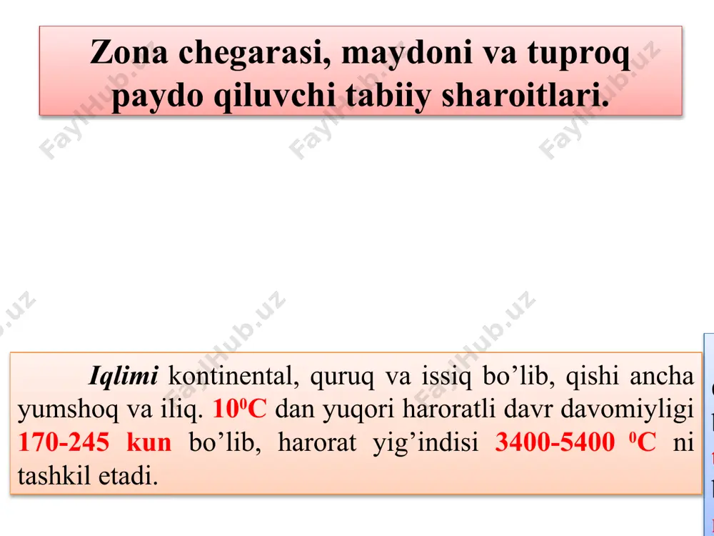 sag’on, lola, itgunafsha, lolaqizg’aldoq, yovvoyi arpa va boshqalar o’sadi. tog’ oralig’i vodiylarning sohil qismida chakalakzorlar uchrab, unda terak, tol, jiyda kabilar o’sadi. bo’z tuproqlarning genezisi, morfologik tuzilishi va klassifikasiyasi. bo’z tuproqlarning kelib chiqishi (genezisi)ga doir ko’plab tadqiqotlar v.v.dokuchayev, n.m.sibirsev, k.d.glinka, p.s.kossovich, n.a.dimo, l.i.prasolov, a.i.bessonov va boshqalarning faoliyati bilan bog’liq. keyinchalik bo’z tuproqlarning genezisi sohasidagi ancha to’liq va mukammal tadqiqotlar mashhur tuproqshunos n.a.rozanov tomonidan olib borildi hamda uning «o’rta osiyo bo’z tuproqlari» (1951)monografiyasida batafsil bayon etildi. o’zbekiston olimlarining ko’plab ishlari ham bo’z tuproqlarni o’rganishga qaratilgan (m.bahodirov, m.umarov, a.rasulov va b.). bo’z tuproqlar zonasida tuproq paydo bo’lish jarayoni o’ziga xos gidrotermik rejim sharoitida rivojlanadi. qishi iliq, ya’ni tuproq ko’pincha muzlamaydi, ba’zan qisqa muddatda muzlaydigan, bahorda juda qulay nam va issiqlik rejimi mavjud, yozda esa issiq va quruq sharoit kuzatiladi. tuproq muzlamaganligi va qulay qovushmaga ega bo’lganligi sababli chuqur namlanadi (qish va bahorda): och tuslilari – 1 m, va ko’proq, tipiklari – 1,5 …