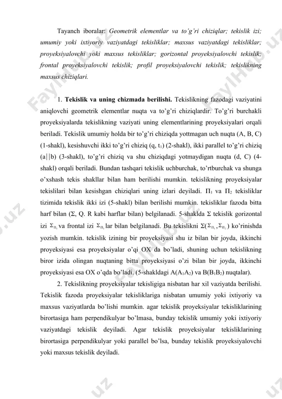 siyalar tekisliklariga nisbatan umumiy yoki ixtiyoriy va maxsus vaziyatlarda bo’lishi mumkin. agar tekislik proyeksiyalar tekisliklarining birortasiga ham perpendikulyar bo’lmasa, bunday tekislik umumiy yoki ixtiyoriy vaziyatdagi tekislik deyiladi. agar tekislik proyeksiyalar tekisliklarining birortasiga perpendikulyar yoki parallel bo’lsa, bunday tekislik proyeksiyalovchi yoki maxsus tekislik deyiladi. proyeksiyalovchi tekisliklar (1, (2, (3 tekisliklariga nisbatan olti xil vaziyatda joylashgan bo’ladilar. 1. tekislik gorizontal proyeksiyalar tekisligiga perpendikulyar. bunday tekislik gorizontal proyeksiyalovchi tekislik deyiladi. (6-shakl, a, b, v,). bunda tekislikning frontal izi ox o’qiga perpendikulyar bo’ladi, gorizontal izi esa ixtiyoriy (900 ga teng bo’lmagan) burchakda joylashadi. tekislik gorizontal (( izining ox o’qi bilan hosil qilgan ( burchagi (((p1((2) tekislikning (2 tekislik bilan hosil qilgan burchagining haqiqiy qiymatiga teng bo’ladi (6-shakl, b). tekis geometrik shakllar bilan berilgan gorizontal proyeksiyasi to’g’ri tekislikning proyeksiyasi to’g’ri chiziq bo’lib proyeksiyalanadi (6-shakl, v). 2. ( tekislik frontal proyeksiyalar tekisligiga perpendikulyar. bu tekislik-frontal proyeksiyalovchi tekislik deyiladi. bunda tekislikning gorizontal izi ox o’qiga perpendikulyar bo’lib, …