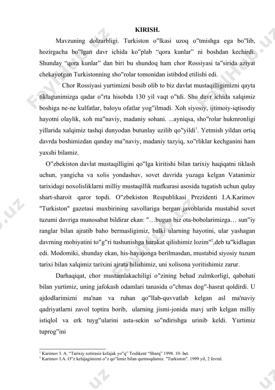 siga rus burjuaziyasi chiqdi va ular muvaqqat (vaqtli) xukumat tuzdilar. petrogradda bo'lib o'tgan hodisalarlar ta'siri ostida turkistonda yangi hokimiyat tuzilmalarini barpo qilish yuzasidan kuchli jarayon boshlandi. bolsheviklar ta'sirida hamma shahar va ishchilar mavzelarida ishchi va soldat deputatlari sovetlari tuzila boshladi. ular inqilobiy demokratiya orzusini yuzaga chiqarishga vakil etilgan va muvaqqat hukumat mahalliy muassasalarining xatti- harakatlari ustidan nazorat olib borish huquqini da'vo qiladigan qurollangan xalq organlari tariqasida tashkil topib bordi. bu sovetlar xay'atiga asosan yevropalik aholi vakillari kirdi. rossiyada vujudga kelgan ikki hokimiyatchilik oqibatida turkiston o‟lkasida ham ijtimoiy-siyosiy kurashlar avj oldi. bolsheviklar turkistonda ham hokimiyat uchun faol kurashga kirishdilar va bu yo‟lda mahalliy aholiga tenglikni hamda erkinlik vada qilgan holda ulardan foydalandilar. ammo hokimiyat sho‟rolar qo‟liga o‟tgach berilgan barcha vadalar unitildi, aksincha buxoro va xiva davlati hududlari daxshatli qirg‟inlar evaziga bosib olindi va mustamlaka asoratiga solindi. qisqa muddat ichida turkiston xalqlarining milliy davlatchiligiga barham berildi, tarixidan mahrum qilindi, dini taqiqlab qo‟yildi, …