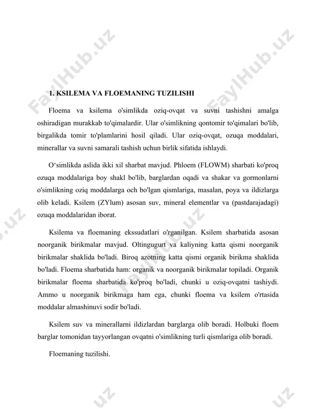 bo‘lsa, yo‘ldosh-hujayralar uchun bu ko‘rsatkich 8-30 baravar ko‘pdir. yo‘ldosh-hujayralar hujayra devorining boshqa bir o‘ziga xos tomoni bu ularda plazmalemma hisobiga juda ko‘p labirintlar hosil qilganligidir. bu esa o‘z navbatida ular yuzasining keng bo‘lishiga olib keladi. 2. ksilema va floema shiralarining tarkibi ksilema shirasining tarkibi. ksilem sharbati: ksilem sharbatida asosiy tarkibiy qismlar suv va turli minerallarning suyultirilgan kontsentratsiyasidir. u ozgina kislotali. floem sharbati: floem sharbati mikroelementlar, suv, saxaroza va aminokislotalardan iborat. ba'zi navlarda fruktan, rafinoza va boshqalar ham mavjud. ksilem sharbati (talaffuzi /ˈzaɪləm/) asosan gormonlar, mineral elementlar va boshqa oziq moddalarning suvli eritmasidan iborat. ksilemada sharbatni tashish ildizlardan barglarga qarab harakatlanishi bilan tavsiflanadi. ksilem sharbatini boshi kesilgan o'simliklarning ildiz poyalaridan (ildizdan qon ketadigan sharbat, rbs) yoki kesilgan poya segmentlaridan vakuumli ekstraktsiyalash (vakuum bilan olingan sharbat, ves) bilan to'plash mumkin. ksilem asosan traxeidlar va tomirlar kabi traxeya elementlaridan hosil bo'ladi. unga murakkab to'qima maqomini beradigan boshqa turli xil hujayralar mavjud. birlamchi ksilem …