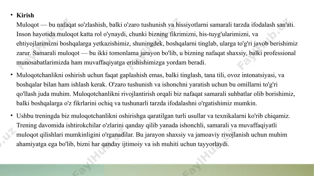 texnologiyalari - ta'lim texnologiyalari, masalan, online trening dasturlari, muloqot ko'nikmalarini rivojlantirishda interaktiv va samarali usullarni taklif etadi, natijalarni oshiradi. o'zbek madaniyatidagi muloqot uslublari va treninglarga ta'siri. 1 o'zbek muloqoti o'zbek madaniyatida muloqot an'anaviy va samimiy bo'lib, ko'p hollarda til va tana tilidan foydalanishda nozikliklarni talab qiladi. 2 treninglarning roli muloqot treninglari, o'zbek madaniyatidagi an'anaviy uslublarni hisobga olib, ishtirokchilarga samarali va madaniyatga mos muloqot ko'nikmalarini oshiradi. 3 madaniyat va muloqot o'zbek madaniyatida muloqot uslublari, an'analar va qadriyatlar bilan chambarchas bog'liq bo'lib, treninglar orqali bu jihatlar yanada kuchaytiriladi. muloqotchanlikni oshirishga qaratilgan treninglarda madaniy kontekstni hisobga olish. 1 madaniy kontekst ahamiyati muloqotchanlikni oshirish treninglarida madaniy kontekstni hisobga olish, ishtirokchilarning o'zaro tushunishini va ahamiyatini oshiradi. 2 o'zbek madaniyati o'zbek madaniyati, an'anaviy qoidalar va qadriyatlar bilan birga, muloqot uslublarini ham shakllantiradi, bu treninglarda albatta e'tiborga olinishi kerak. 3 muloqot uslublari har bir madaniyatning o'ziga xos muloqot uslublari mavjud. o'zbeklar orasida samimiylik va hurmat, muloqotda muhim …