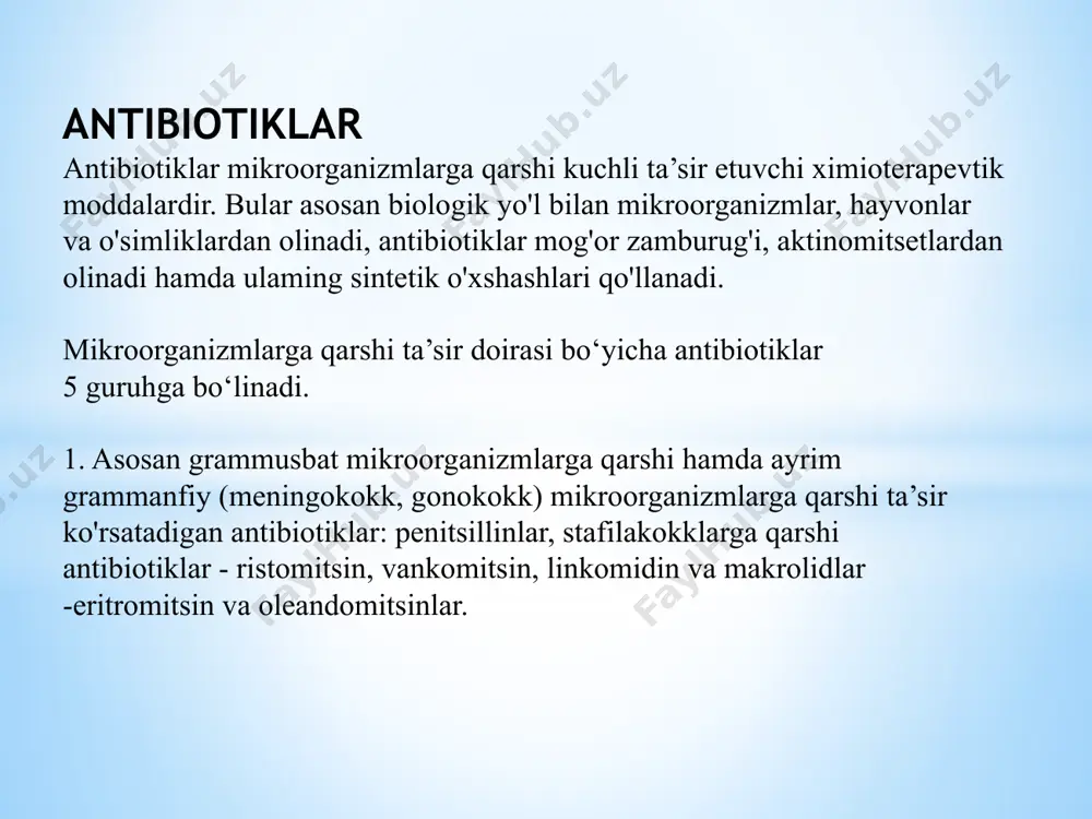 kimyoviy jihatdan penitsillinlarga, ayniqsa, yarim sintetik penitsillinlarga o'xshab ketadi. mikroorganizmlarga qarshi ta’sir mexanizmi ham penitsillinlarga o'xshaydi, sefalosporinlar mikroorganizm hujayralarining qobig'ini hosil bo'lishiga to'sqinlik qiladi, bakteritsid ta ’sir ko'rsatadi. moddalardan sefalotin, sefaloridin, sefazolin parenteral yo'llar orqali yuboriladi. mushaklar orasiga, venalarga yuborilganda ta’siri 30 60daqiqadan keyin, emizikli bolalarda 30daqiqadan keyin boshlanadi, qonda 10-30% oqsil bilan bog'lanadi, gematoensefalik to'siqdan o'tishi qiyin. platsentadan yaxshi o'tadi, buyraklar orqali asosan o'zgarmagan holda chiqib ketadi, siydik yo'llarida yuqori konsentratsiya hosil qiladi, buyrak faoliyati izdan chiqqanda sefalosporinlar, ayniqsa, qayta qo'llanganda yig'ilib (kumulyatsiya), zaharli ta’sir etishi mumkin. sefaloridin -nafas yo'llari kasalliklarini - zotiljam, plevrit, o'pka abssessi, siydik yo'llari infeksiyasini, sepsis, meningitni davolashda penitsillinlar ta ’siri bo'lmaganda qo'llanadi. sefaloridinning gematoensefalik to'siqdan o'tishi qiyin, lekin meningit kasalligida to'siqni o'tkazuvchanligi oshib ketadi. sefalotin -o 't (safro)ga nisbatan qonda ko'proq bo'ladi, ko'z yoshiga o'tadi, gematoentsefalik to'siqdan kam o'tadi. sefazolin - o 't (safro)da yuqori konsentratsiyada bo'ladi, surunkali xoletsistitlarda sefazolinni miqdori qonga nisbatan 8 …